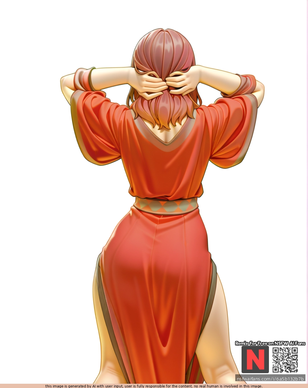 Milf, ,brunette,,  ,medium hair, , red    robe, (standing) , (legs_apart),  (through_clothes),  ,(arms_behind_head) , (from_behind) , white background, clearly background,bartolomeobari style