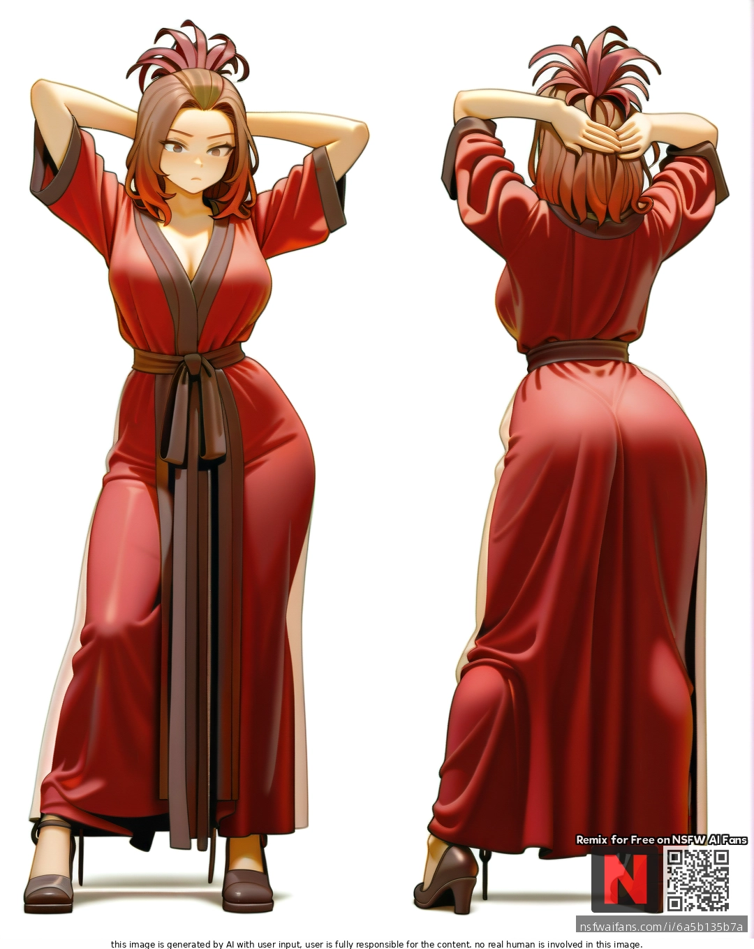 Milf, ,brunette,,  ,medium hair, , red    robe, (standing) , (legs_apart),  (through_clothes),  ,(arms_behind_head) , (from_behind) , white background, clearly background,bartolomeobari style