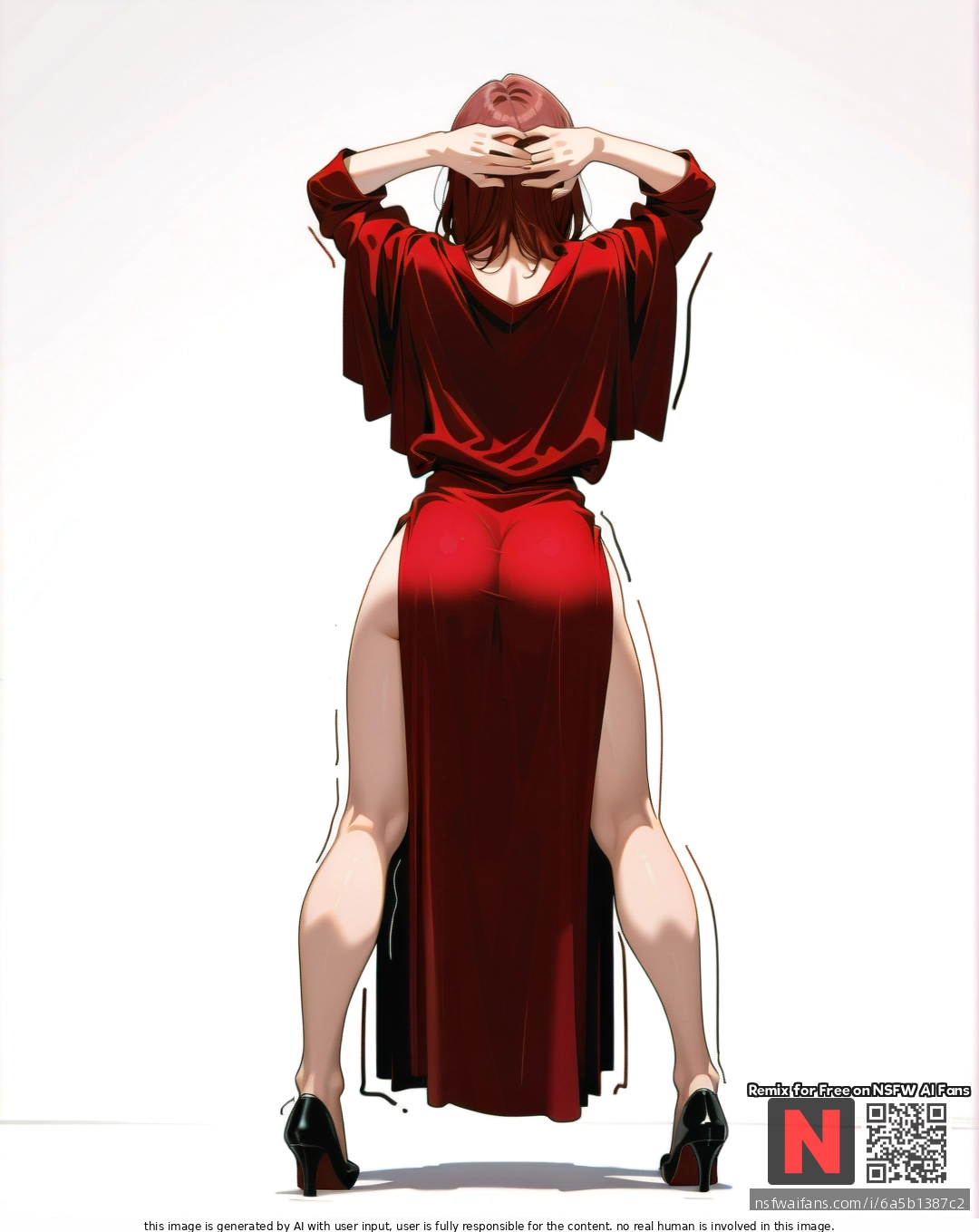 Milf, ,brunette,,  ,medium hair, , red    robe, (standing) , (legs_apart),  (through_clothes),  ,(arms_behind_head) , (from_behind) , white background, clearly background,