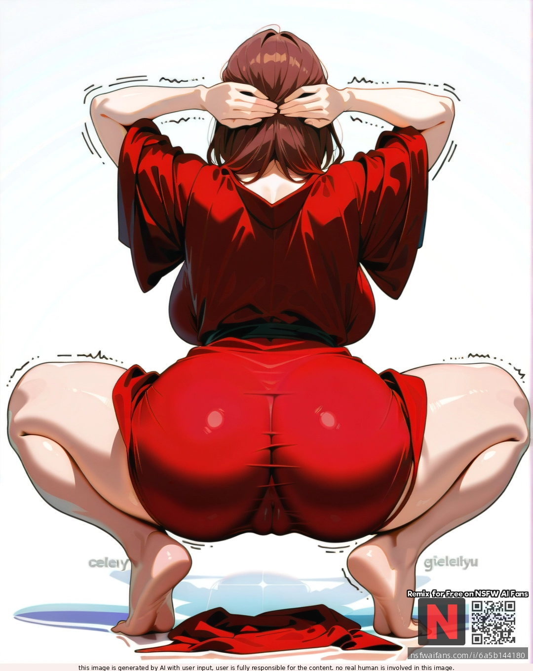 Milf, ,brunette,,  ,medium hair, , red    robe, squatting , (legs_apart), pussy (through_clothes),  ,(arms_behind_head) , (from_behind) , white background, clearly background,