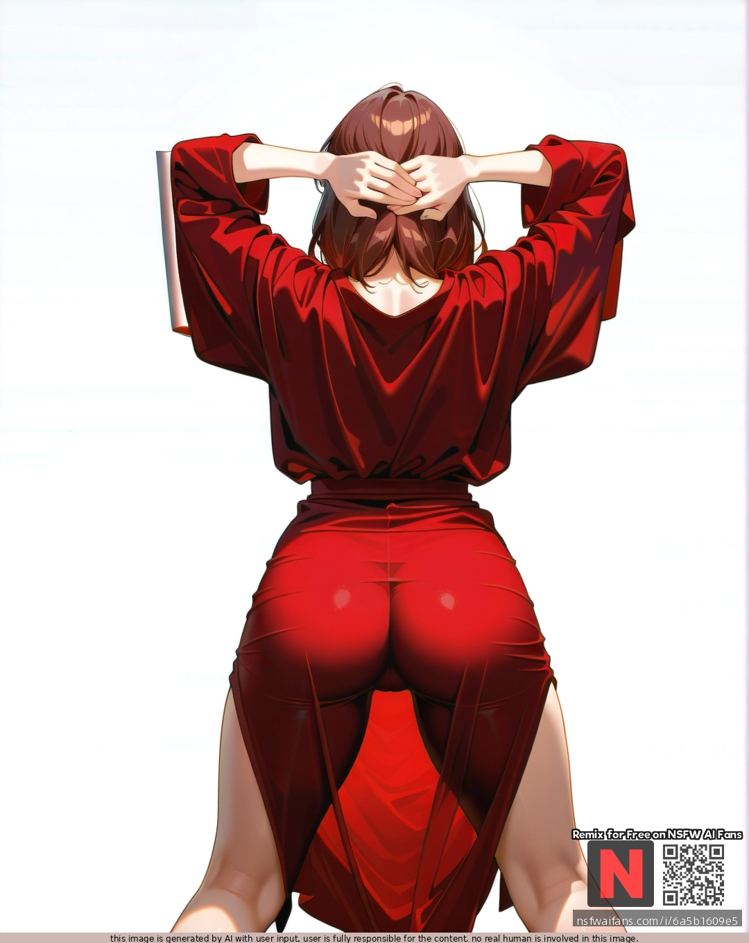 Milf, ,brunette,,  ,medium hair, , red    robe, (standing) , (legs_apart),  (through_clothes),  ,(arms_behind_head) , (from_behind) , white background, clearly background,
