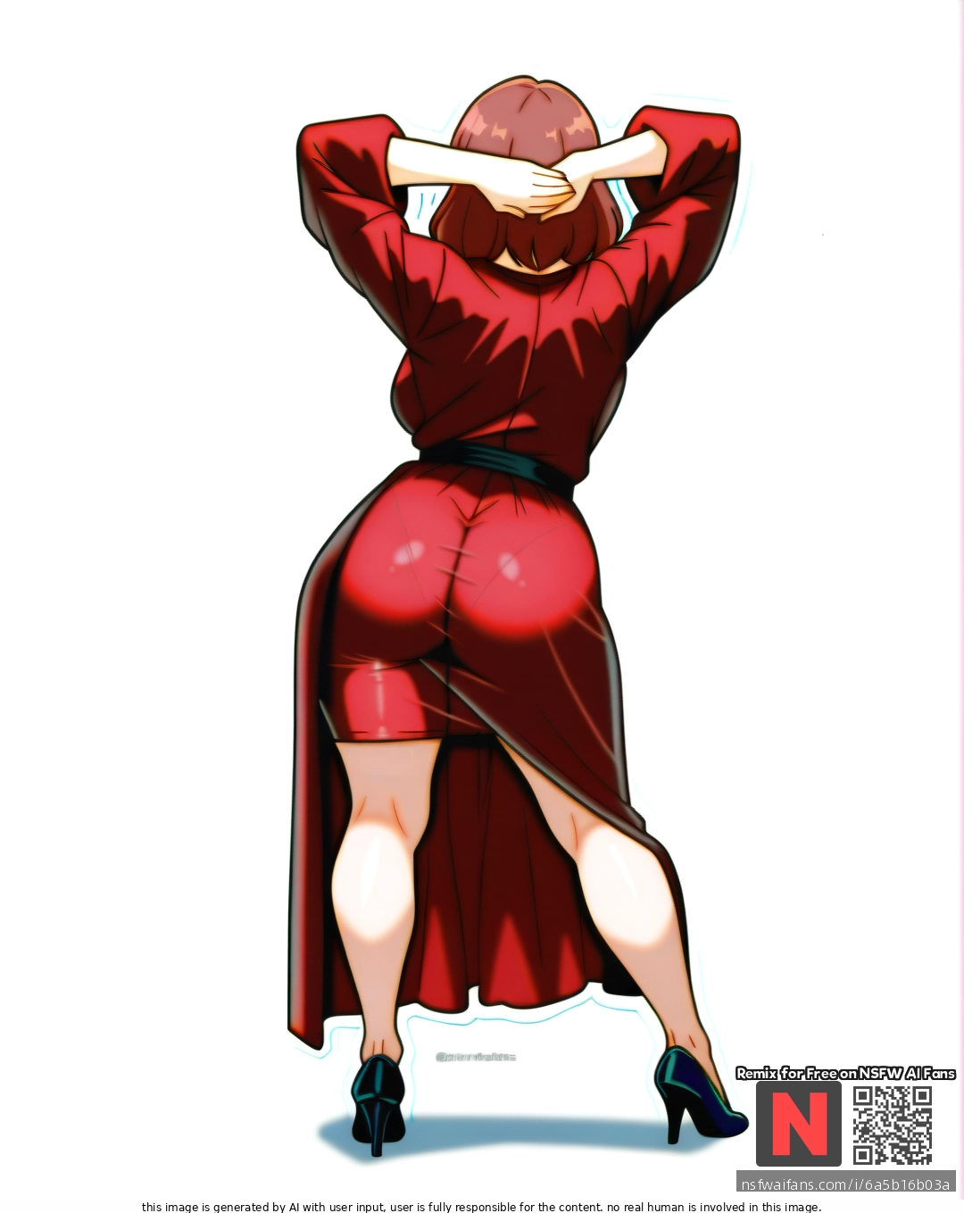 Milf, ,brunette,,  ,medium hair, , red    robe, (standing) , (legs_apart),  (through_clothes),  ,(arms_behind_head) , (from_behind) , white background, clearly background,rotomdocs style