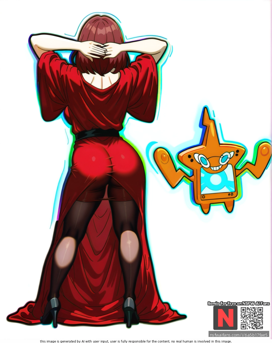 Milf, ,brunette,,  ,medium hair, , red    robe, (standing) , (legs_apart),  (through_clothes),  ,(arms_behind_head) , (from_behind) , white background, clearly background,rotomdocs style