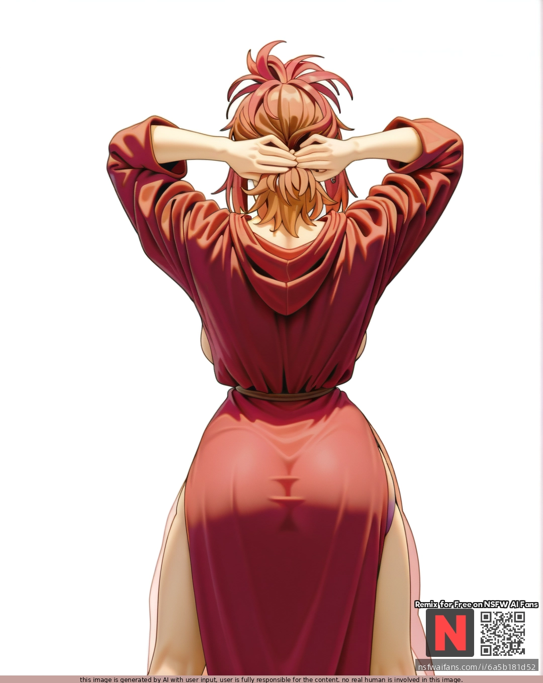Milf, ,brunette,,  ,medium hair, , red    robe, (standing) , (legs_apart),  (through_clothes),  ,(arms_behind_head) , (from_behind) , white background, clearly background,bartolomeobari style