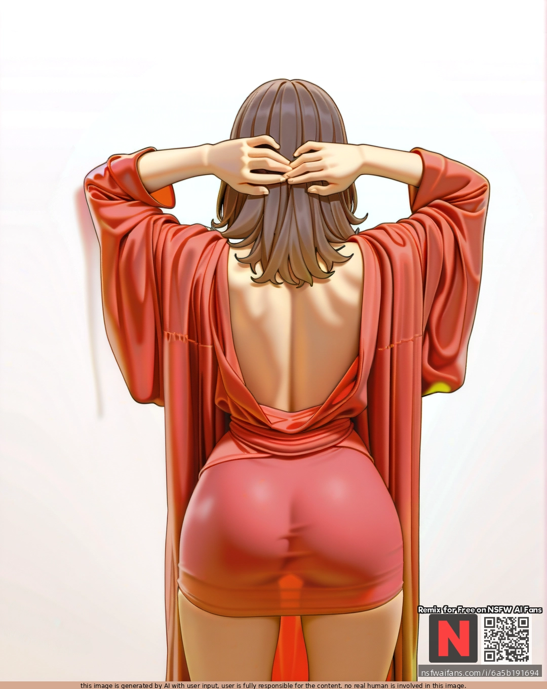 Milf, ,brunette,,  ,medium hair, , red    robe,open robe, (standing) , (legs_apart),  (through_clothes),  ,(arms_behind_head) , (from_behind) , white background, clearly background,bartolomeobari style