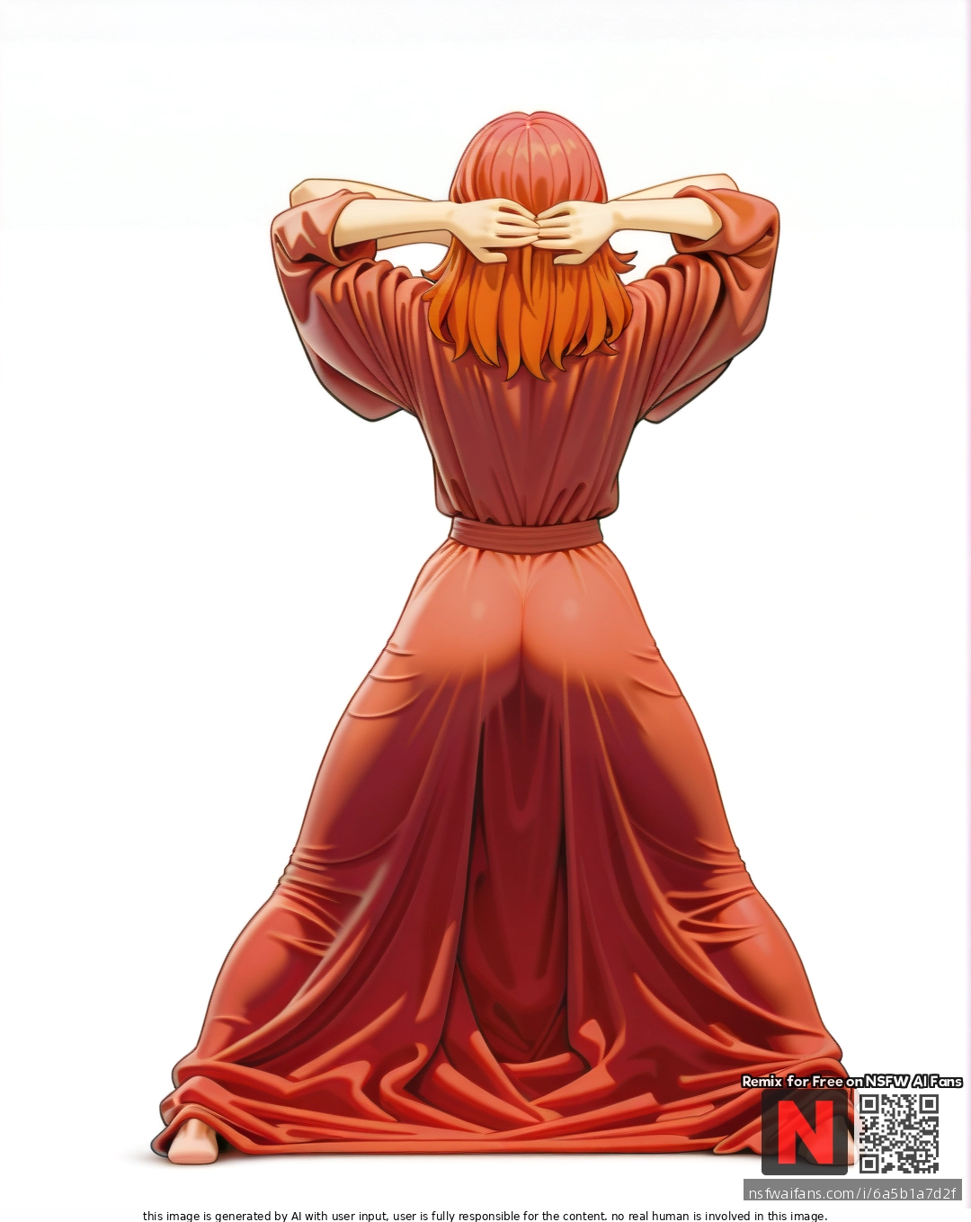 Milf, ,brunette,,  ,medium hair, , red    robe, (standing) , (legs_apart),  (through_clothes),  ,(arms_behind_head) , (from_behind) , white background, clearly background,bartolomeobari style