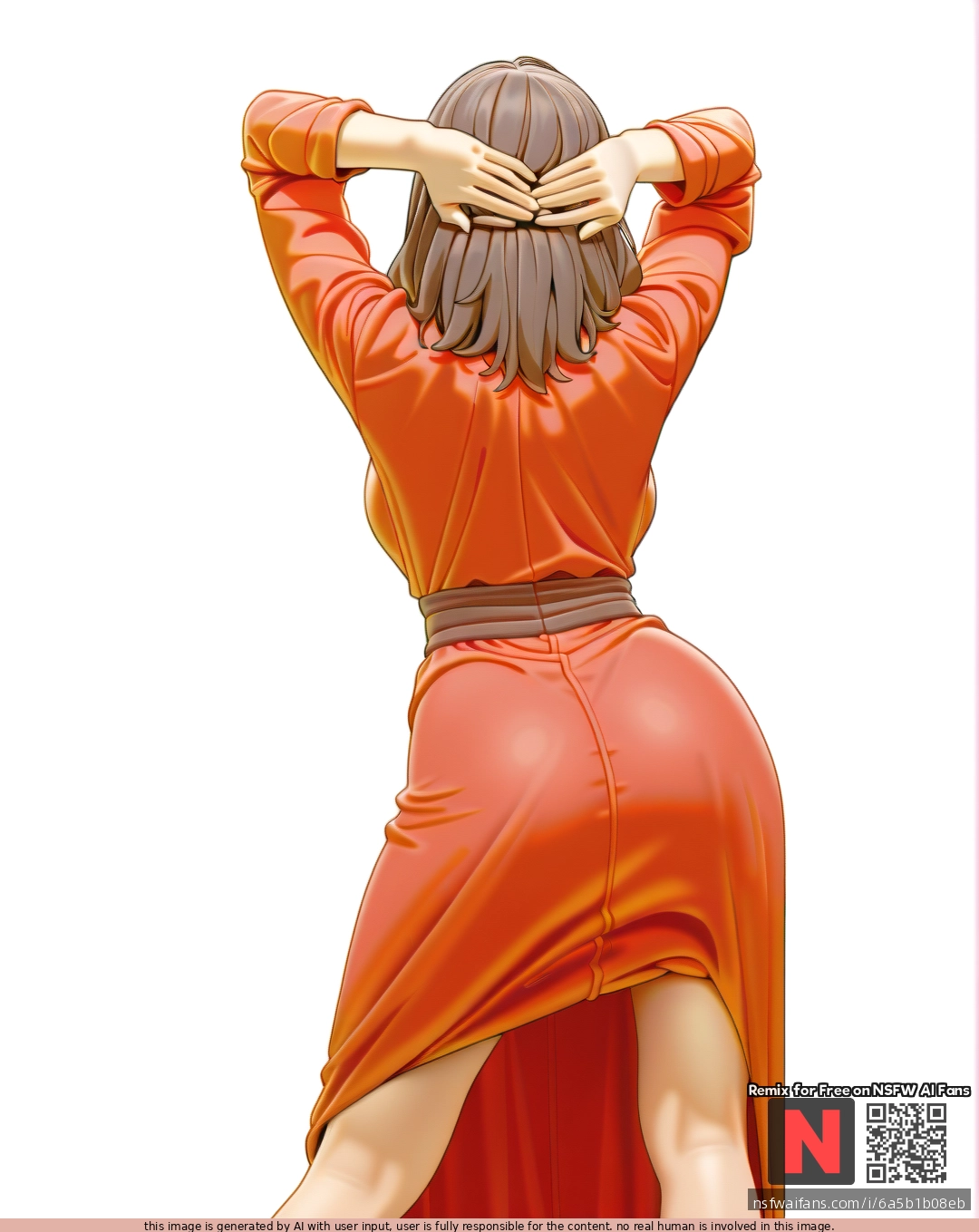 Milf, ,brunette,,  ,medium hair, , red    robe, (standing) , (legs_apart),  (through_clothes),  ,(arms_behind_head) , (from_behind) , white background, clearly background,bartolomeobari style