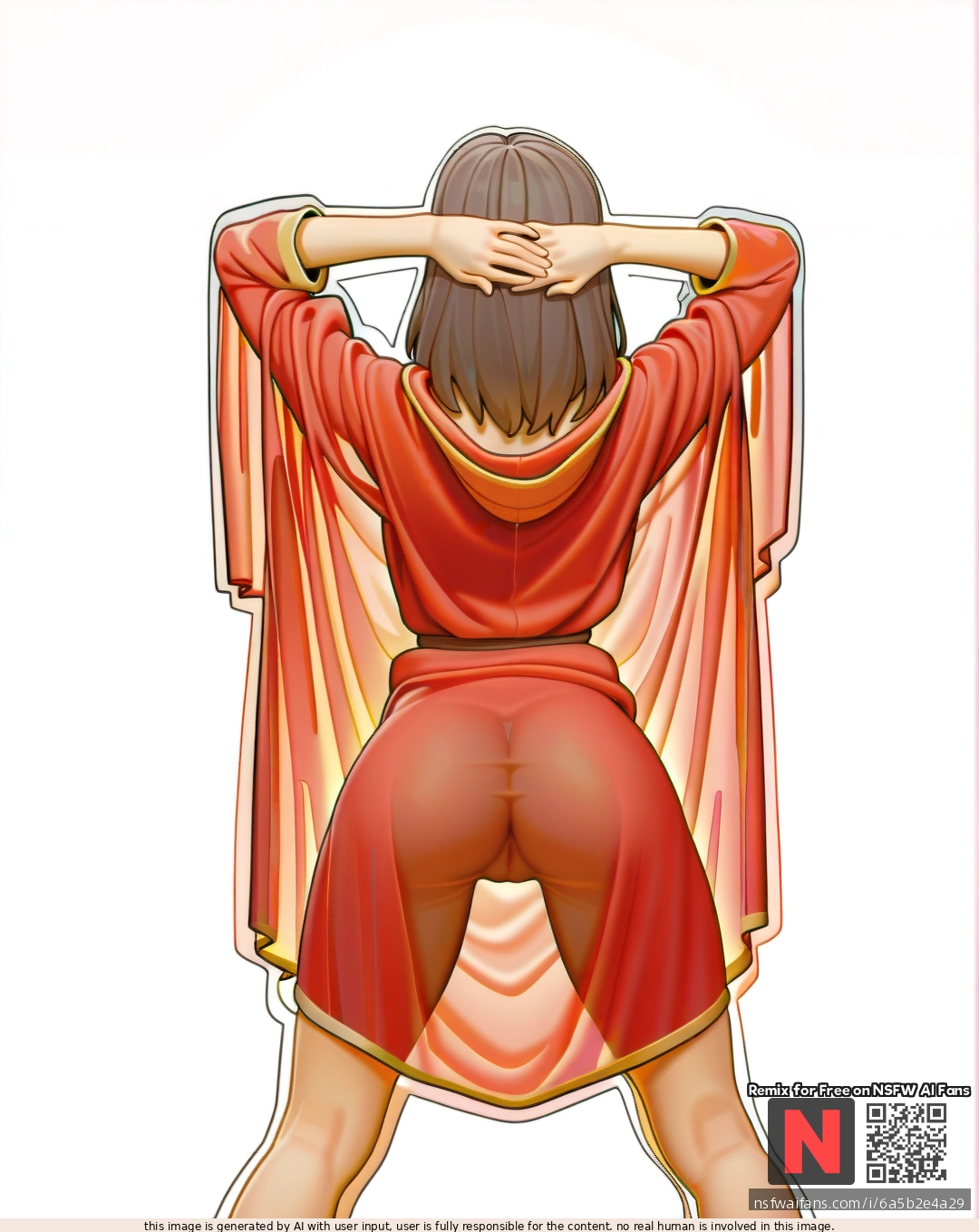 Milf, ,brunette,,  ,medium hair, , red    robe, (standing) ,pussy see-through robe, (legs_apart),  (through_clothes),  ,(arms_behind_head) , (from_behind) , white background, clearly background,bartolomeobari style