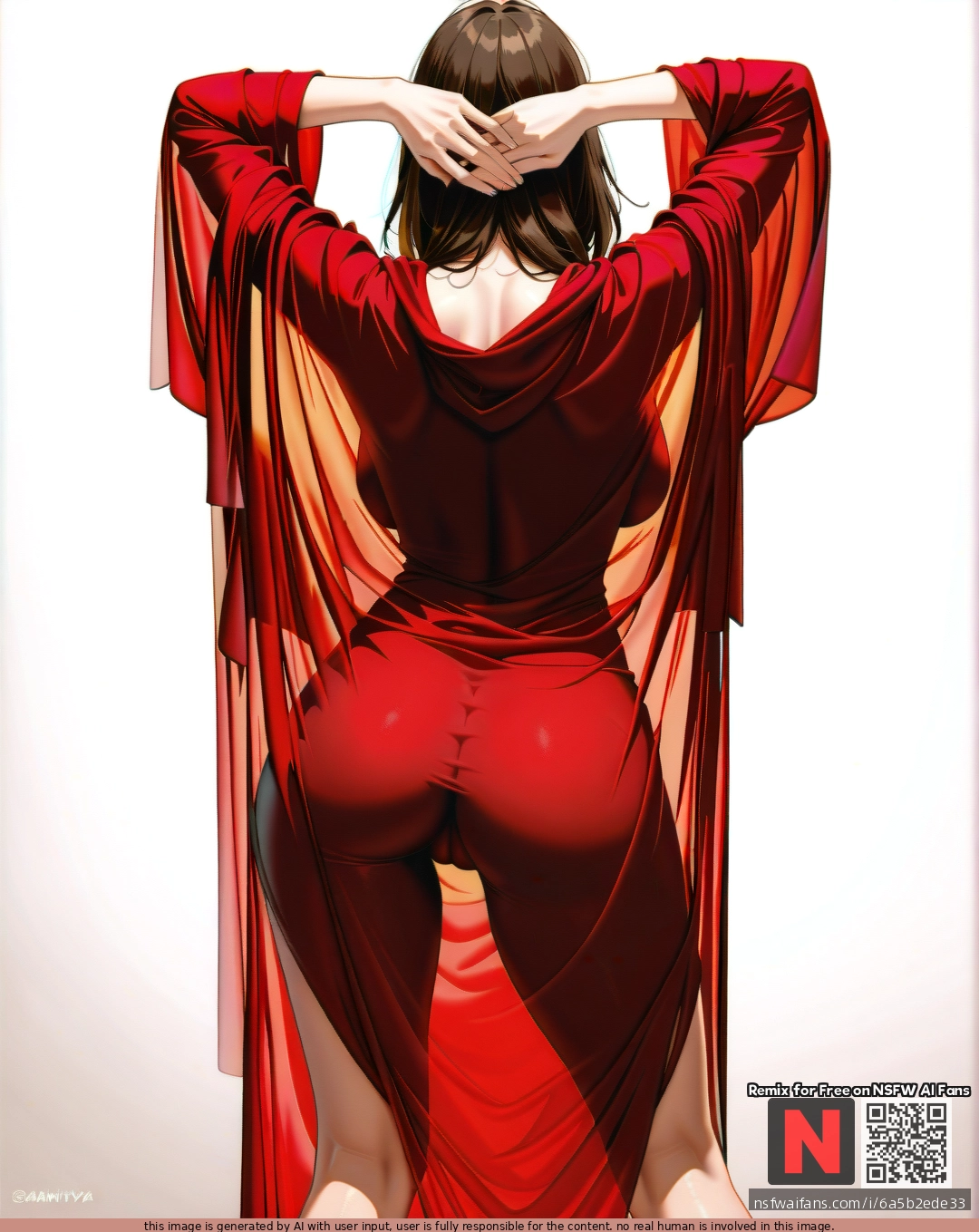 Milf, ,brunette,,  ,medium hair, , red    robe, (standing) ,pussy see-through robe, (legs_apart),  (through_clothes),  ,(arms_behind_head) , (from_behind) , white background, clearly background,manhva style
