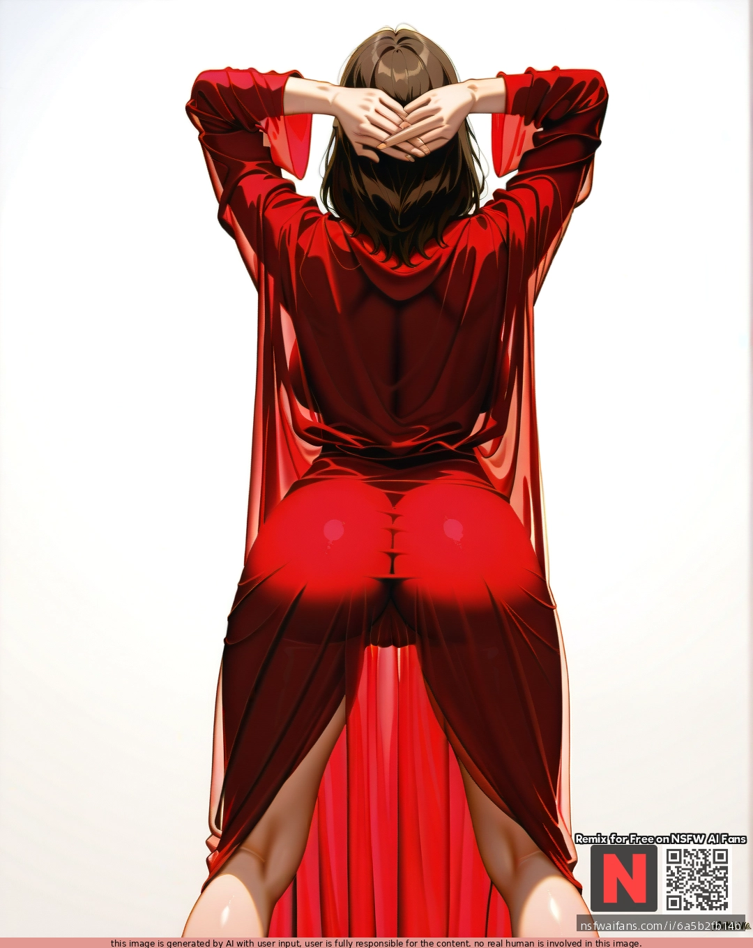 Milf, ,brunette,,  ,medium hair, , red    robe, (standing) ,pussy see-through robe, (legs_apart),  (through_clothes),  ,(arms_behind_head) , (from_behind) , white background, clearly background,manhva style