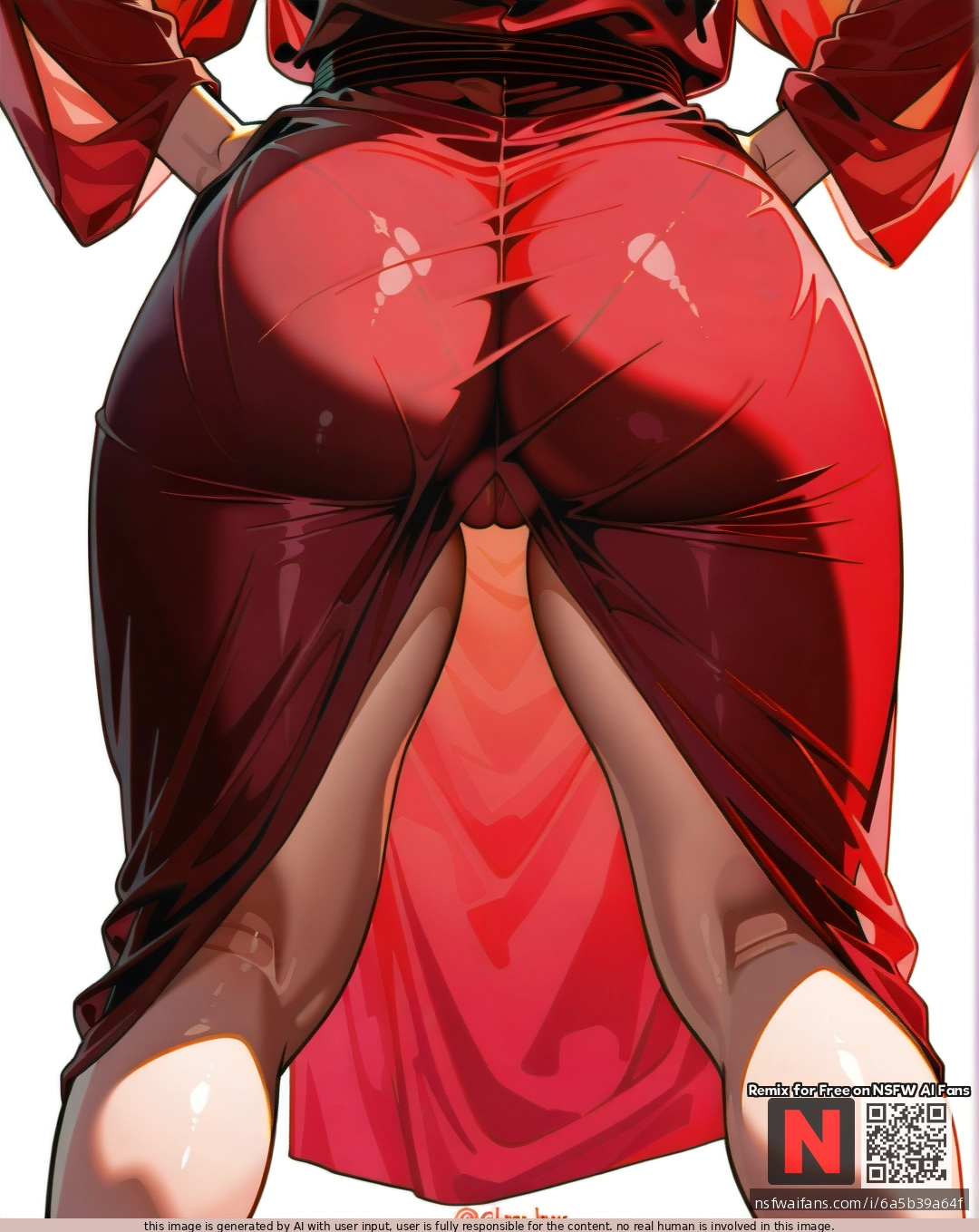 Milf, ,brunette,,  ,medium hair, , red    robe, (standing) ,pussy see-through robe, (legs_apart),  (through_clothes),  ,(arms_behind_head) , (from_behind) , white background, clearly background