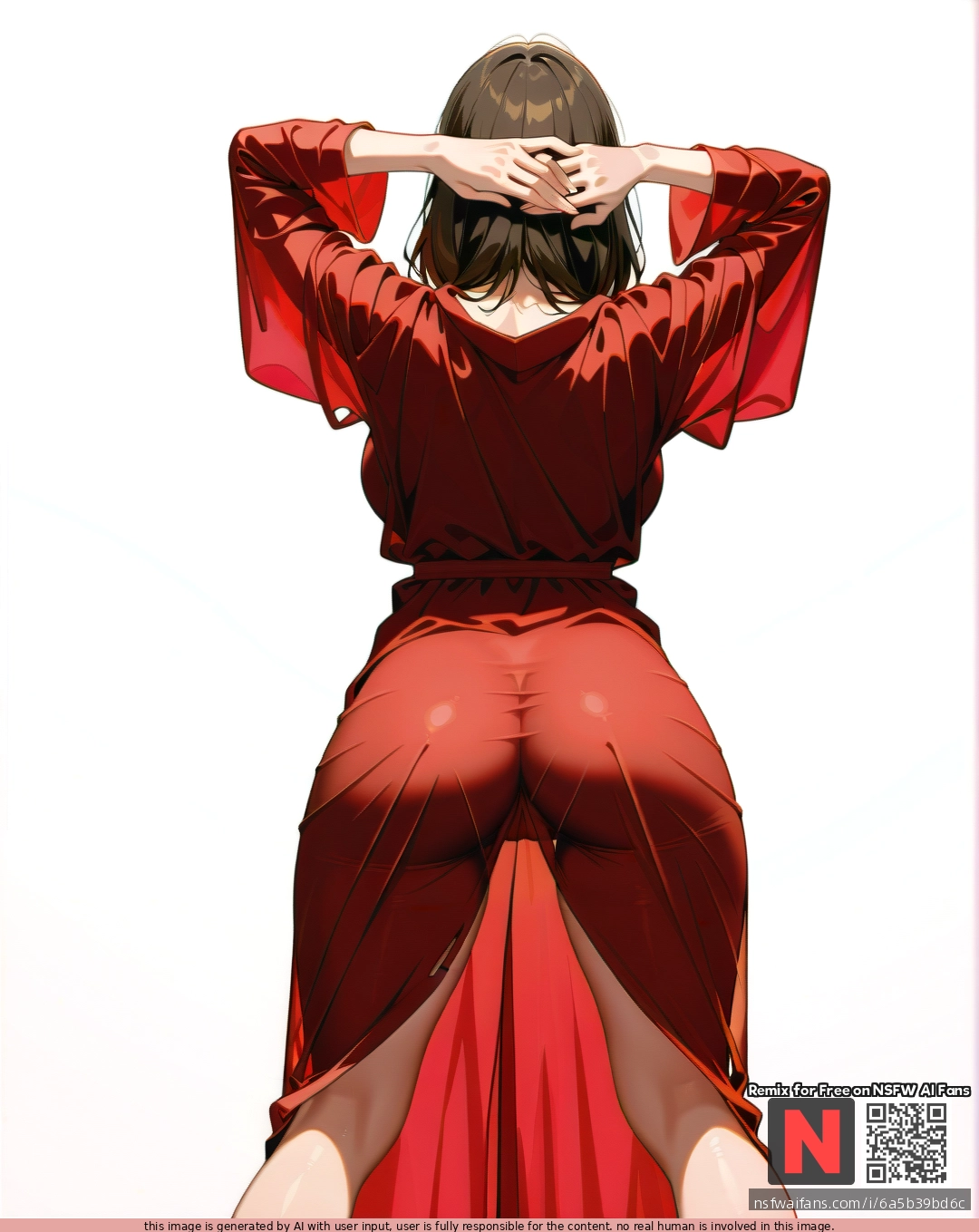 Milf, ,brunette,,  ,medium hair, , red    robe, (standing) ,pussy see-through robe, (legs_apart),  (through_clothes),  ,(arms_behind_head) , (from_behind) , white background, clearly background