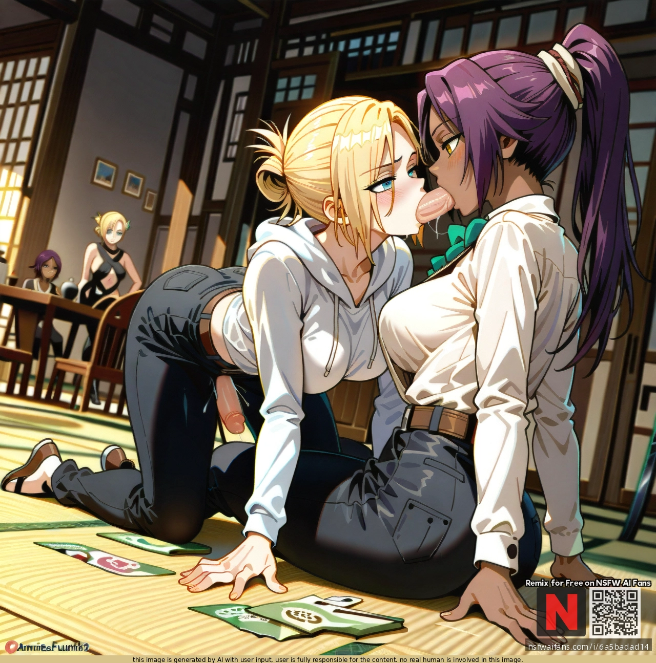 @shihouin_yoruichi (futanari) (futa_with_female) @annie_leonhart (futanari) (futa_with_female) @daki (vaginal) (fellatio) (all_fours)