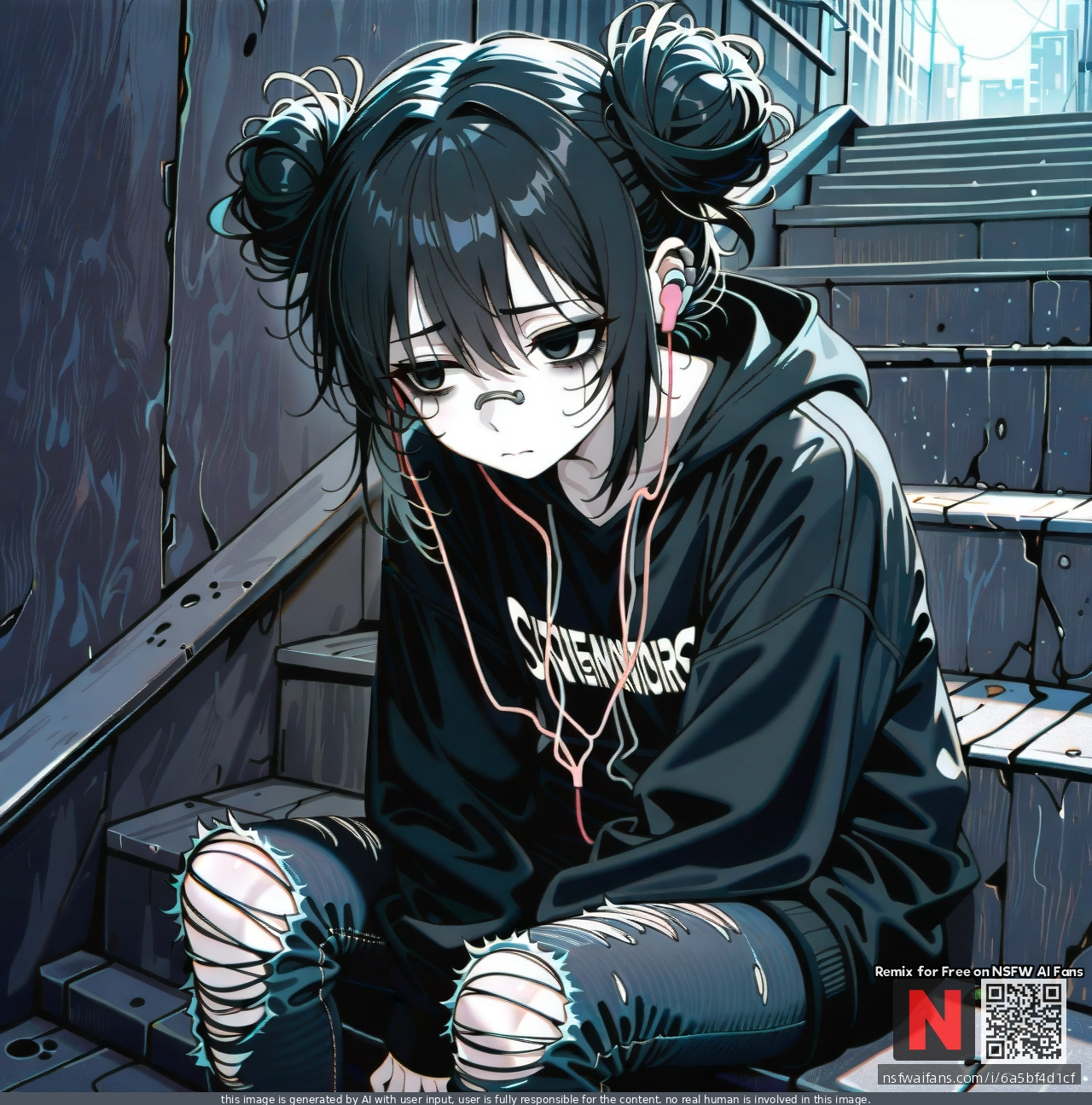teenage alt girl, soft grunge aesthetic, oversized dark hoodie, ripped black skinny jeans, messy space buns or messy bun, pale skin, tired eyes with smudged mascara, silver nose ring, listening to music in wired earphones, sitting on concrete stairs, urban night background, cold desaturated tones, cinematic foggy atmosphere, sad teenage mood, Deftones t-shirt