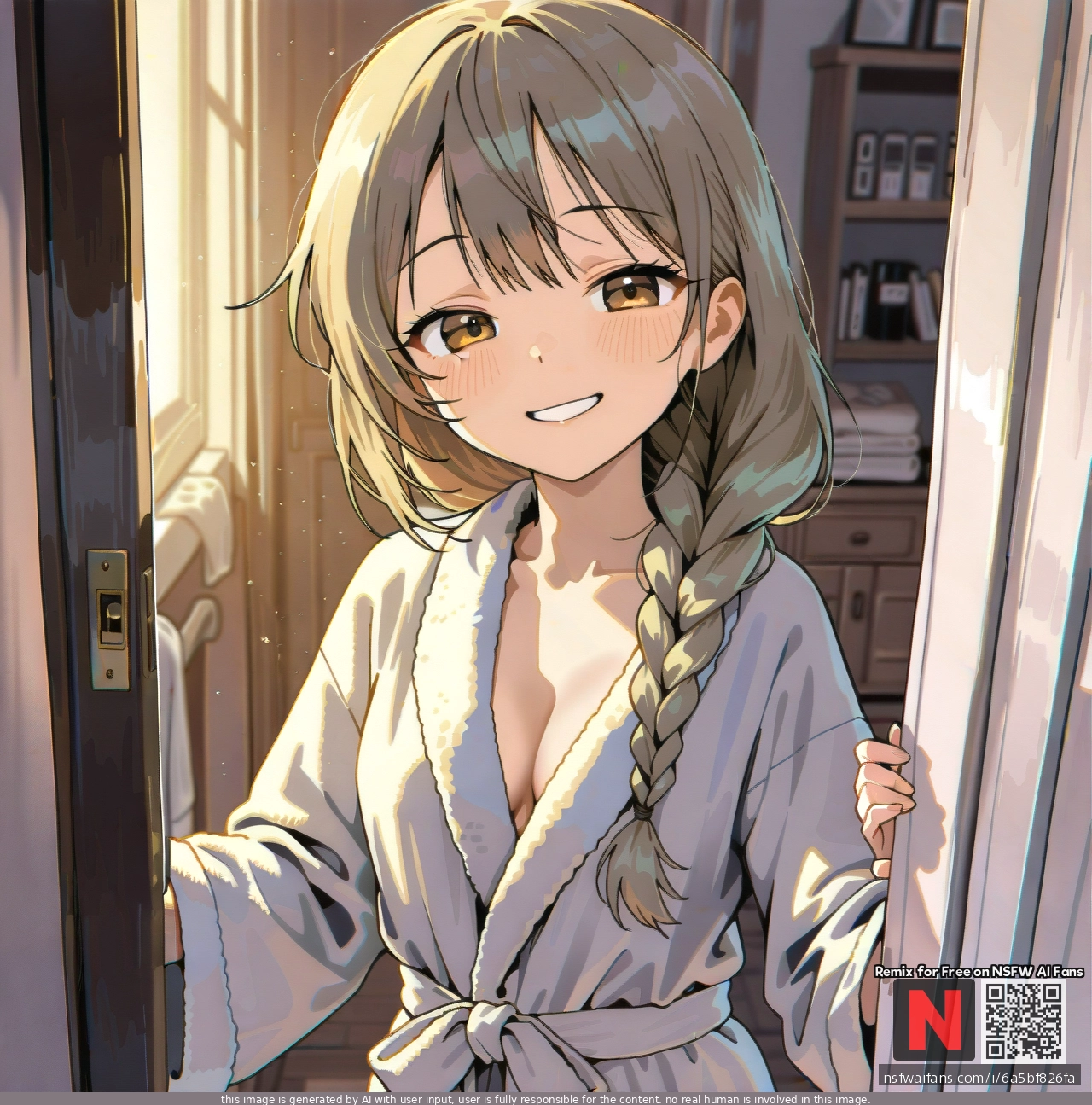 young woman, very kind warm smile, gentle eyes, soft facial features, natural look, light makeup or no makeup, long thick braid over one shoulder, soft loose strands framing face, cosy stretched out home bathrobe, faded solid color, worn fabric, slightly frayed edges, relaxed and comfortable look
