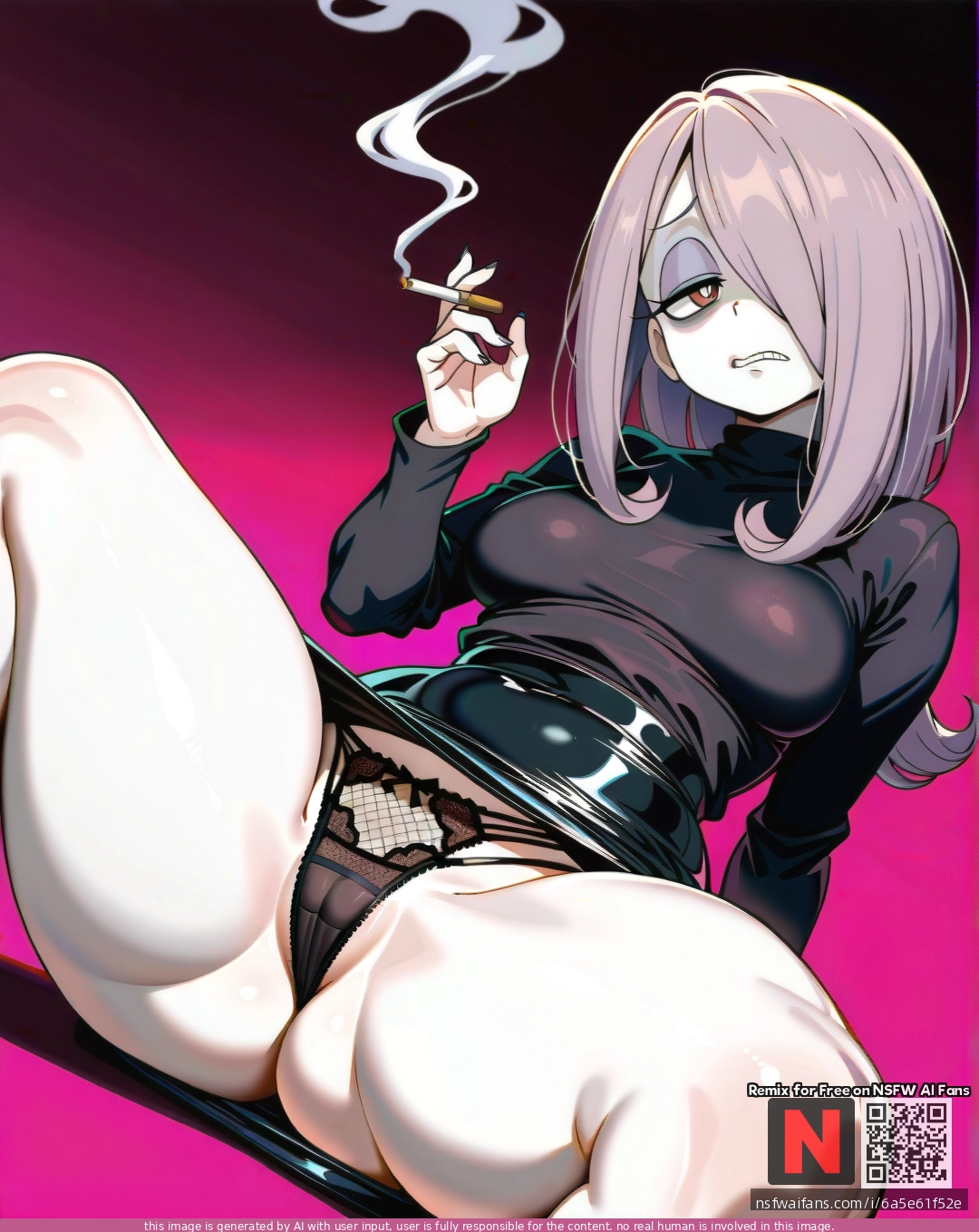 @sucy_manbavaran, (disgust), (curvy), thick thighs, tight black skirt, black turtleneck, shows lace fishnet panties, (spread_legs), dark pink background, smoking cigarette
