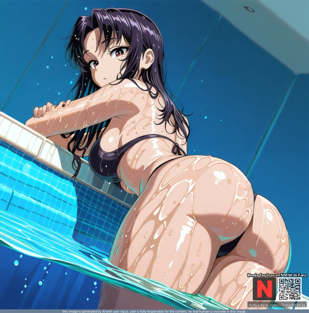 @blackfire , bikini ,(medium_breasts), wet hair, wet skin,, standing in a pool, partially submerged, hugging self ,half submerged shot, sexy, naked, original art style, (dutch_angle) (from_below) underwater angle, (ass_focus)