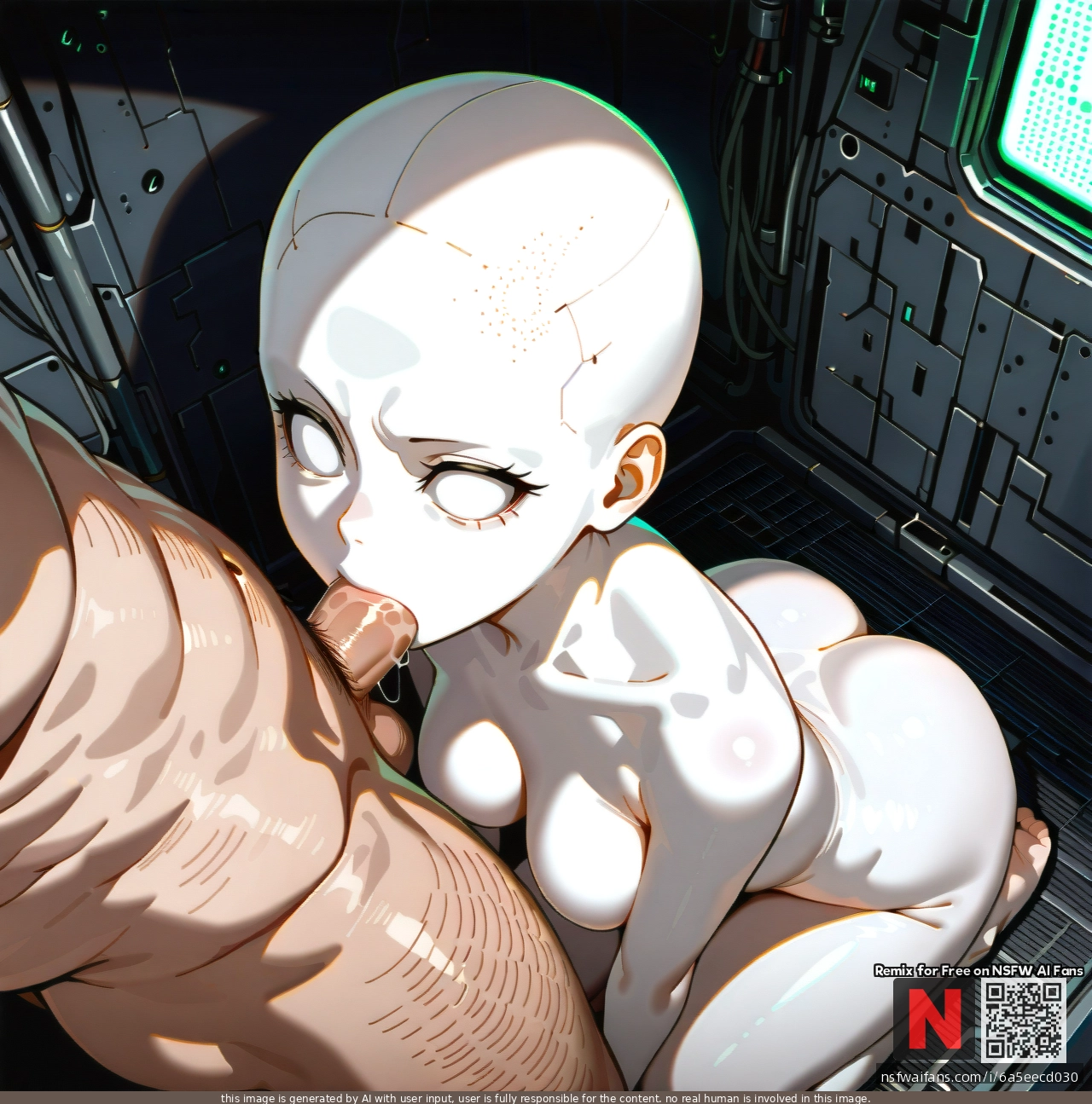 Non-binary, white skin, naked, (breasts), ass, (fellatio), (seiza), bald, Hairless, No eyebrows, without eyelashes, (serious), (empty_eyes), (no_pupils), (blank_eyes), (forehead), in the cell