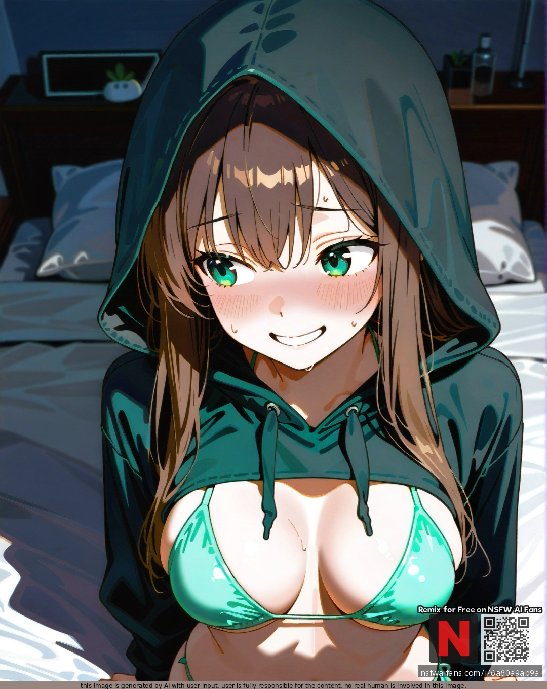 White bedroom, dark room, cute girl, brown hair, straight long hair, green eyes, mind cropped hoodie, hood on, mint bikini, third size breasts, smiling, nervous, blush, looking to the side, (from_above)