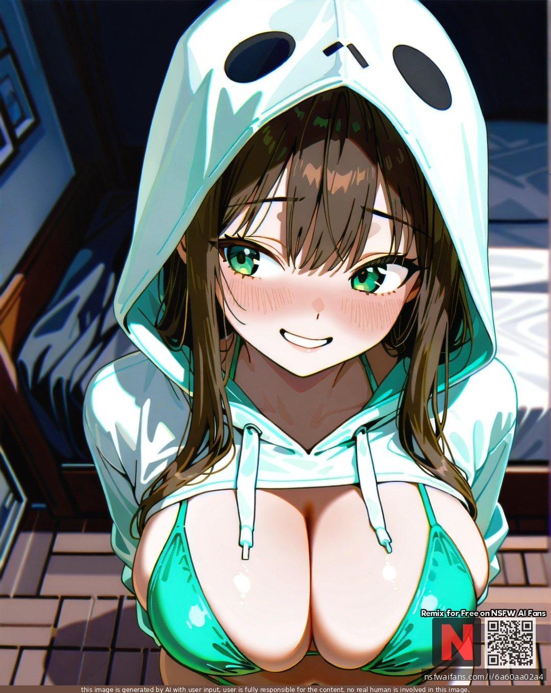 White bedroom, dark room, cute girl, brown hair, straight long hair, green eyes, mind cropped hoodie, hood on, mint bikini, fourth size breasts, smiling, nervous, blush, looking to the side, (from_above), full height