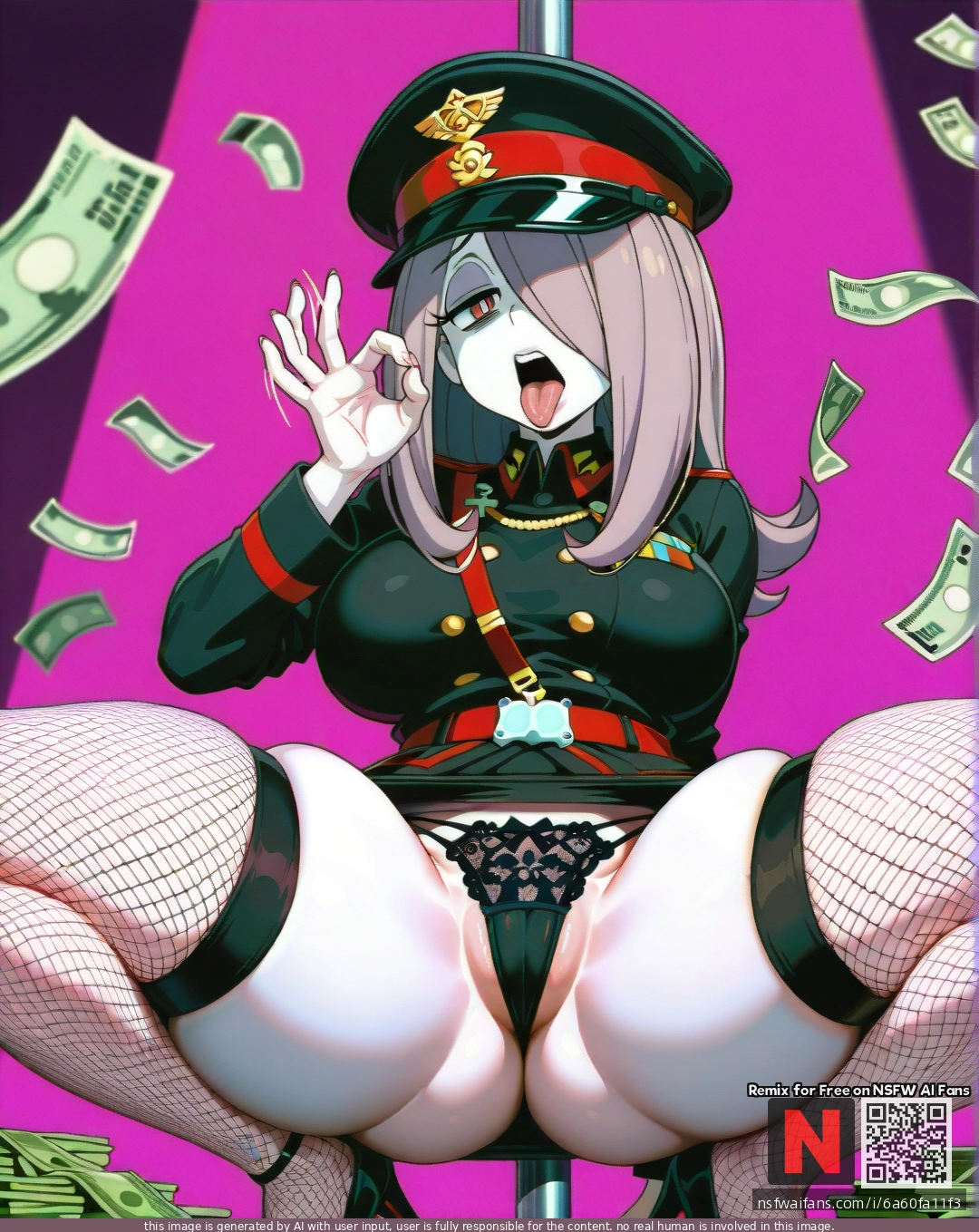 sucy_manbavaran, (disgust), (curvy), thick thighs, tight black business skirt, tight black military uniform, shows lace fishnet panties, (spread_legs), black hat, pink room background, pole, money, (fellatio_gesture)