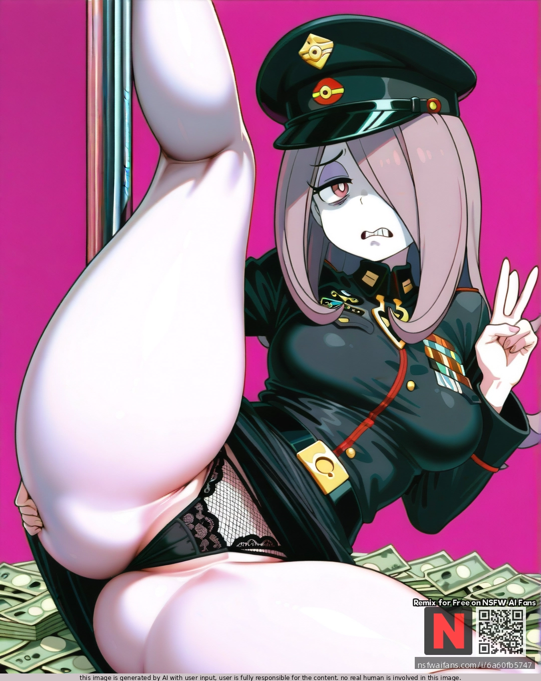 sucy_manbavaran, (disgust), (curvy), thick thighs, tight black business skirt, tight black military uniform, shows lace fishnet panties, (spread_legs), black hat, pink room background, pole, money, (v)