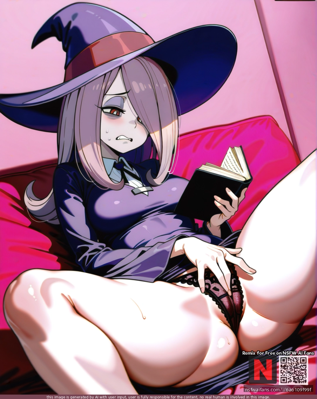 sucy_manbavaran, (disgust), (curvy), thick thighs, tight purple business skirt, tight purple dress, shows lace fishnet panties, (spread_legs), purple hat, pink room background, black book in hand, (female_masturbation)