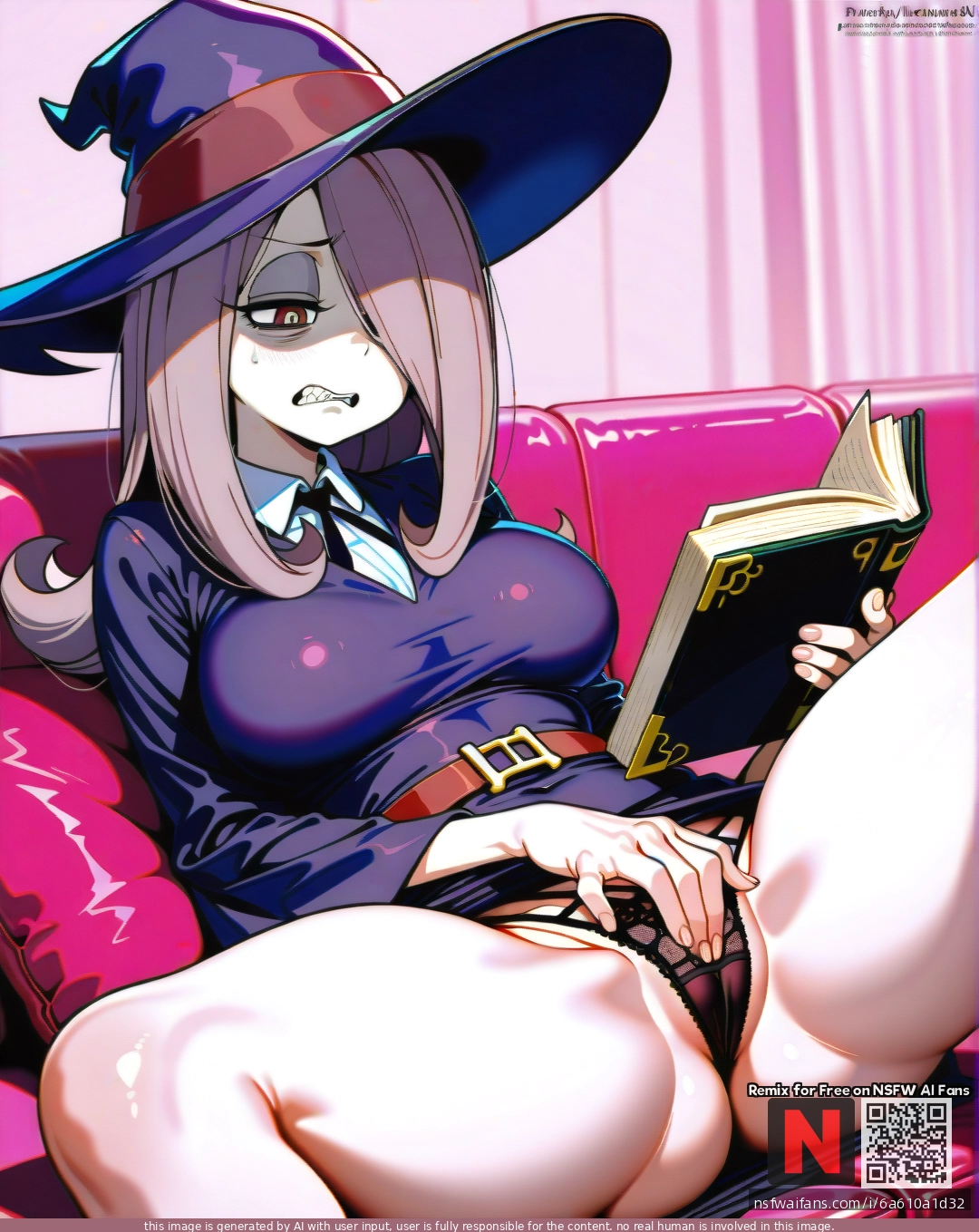 sucy_manbavaran, (disgust), (curvy), thick thighs, tight purple business skirt, tight purple dress, shows lace fishnet panties, (spread_legs), purple hat, pink room background, black book in hand, (female_masturbation)