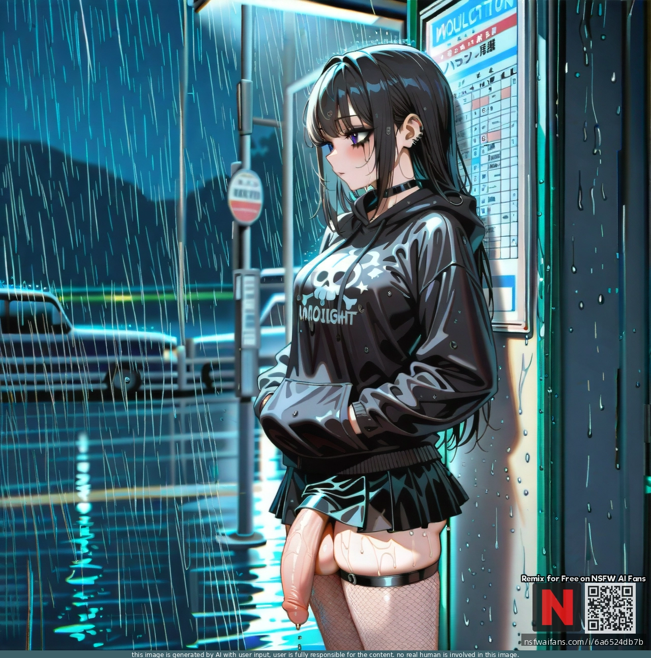 Goth, (full-package_futanari), Teen, Bus_stop, rain, Night, moolight, wet_hoodie, fishnet_thights, black_makeup_runny, black_skirt,