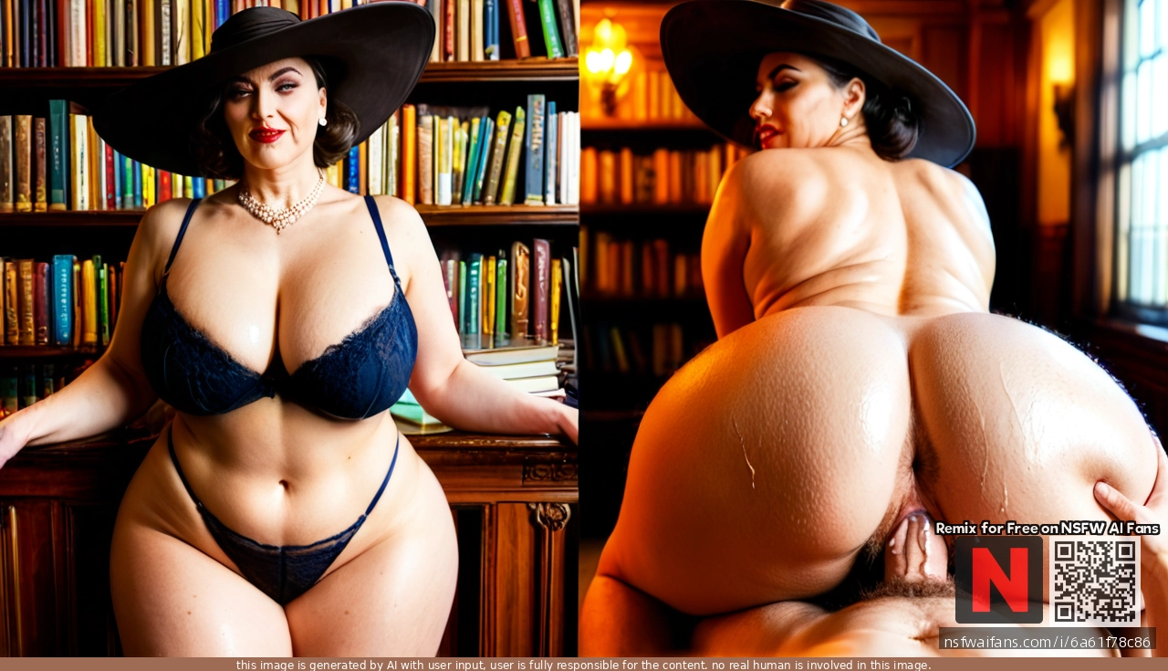 Alcina Dimitrescu, huge saggy tits, ultra hairy pussy, wide hips, big ass, bbw, older bbw woman,is a librarian, sweaty, has a hair bun, big nipples, fucked from behind by a man, ultra realistic, fucked from behind in her thick ultra hairy cunt in a library, bbw, older, hairy armpits, multiple views, fucked in a library, side view, background library bookshelves, fucked on a canape, multiple views, triple views, she has an orgasm, an orgastic look on her face, eyes closed, side view, hairy armpits, black bra, she is cumming and She gently squeezes her breasts,  (half dressed librarian:1.5), bbw.