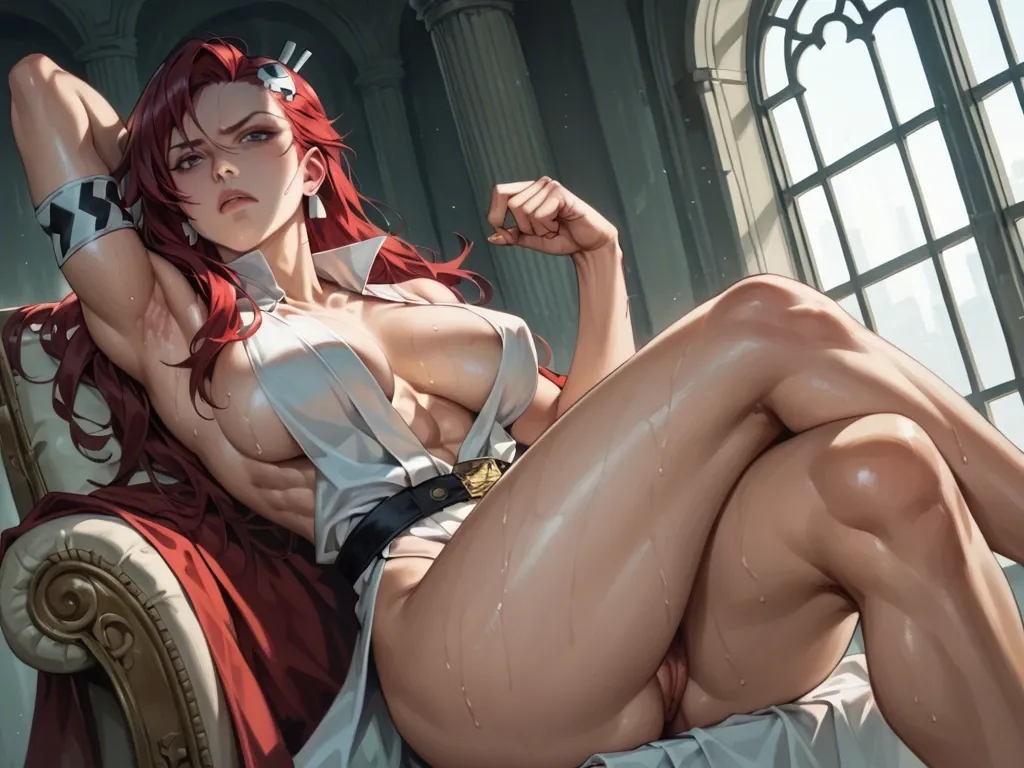 Yoko litner, Innie pussy, detailed Armpit, Robes boob window, Tsundere, armband, crossed legs, tilted head resting on back of hand, large breasts, sweaty, abs, thick pubic hair, from below, narrow waist, thick thighs, house interior, foot fetish