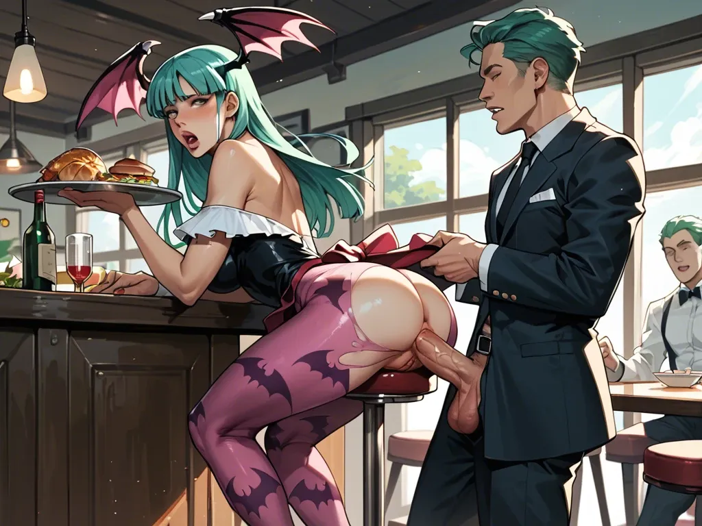 Morrigan Aensland long turquoise-green hair , waitress , anal sex men , barstool position , very surprised , restaurant