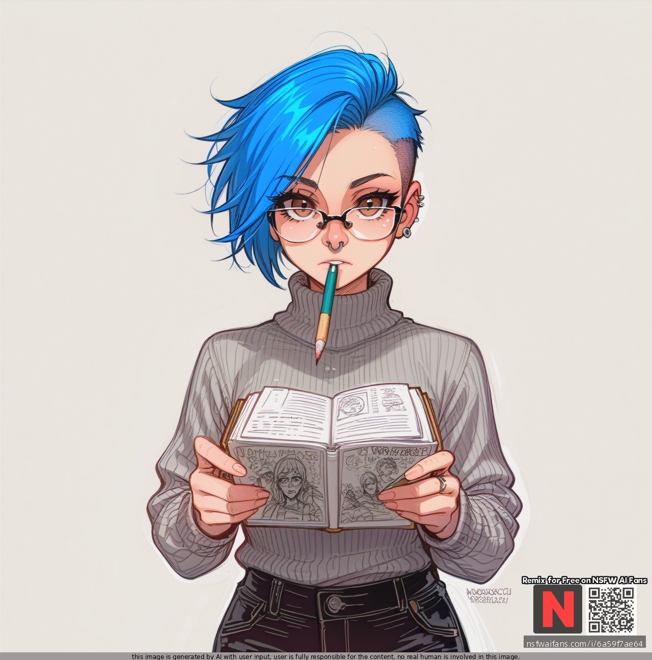 Girl, blue_hair, hazel eyes, pixie_cut, septum, glasses, septum_piercing nose_ring, grey_sweater, black_pants, sketch_book, (looking_at_viewer), (thinking), drawing, drawing on a sketch book, focussed, artist, pencil, biting_pencil, standing