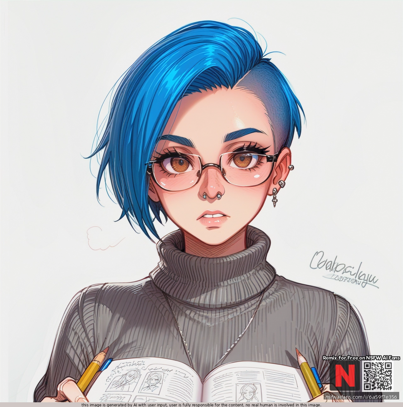 Girl, blue_hair, hazel eyes, pixie_cut, septum, glasses, septum_piercing nose_ring, grey_sweater, black_pants, sketch_book, (looking_at_viewer), (thinking), drawing, drawing on a sketch book, focussed, artist, pencil, biting_pencil, standing