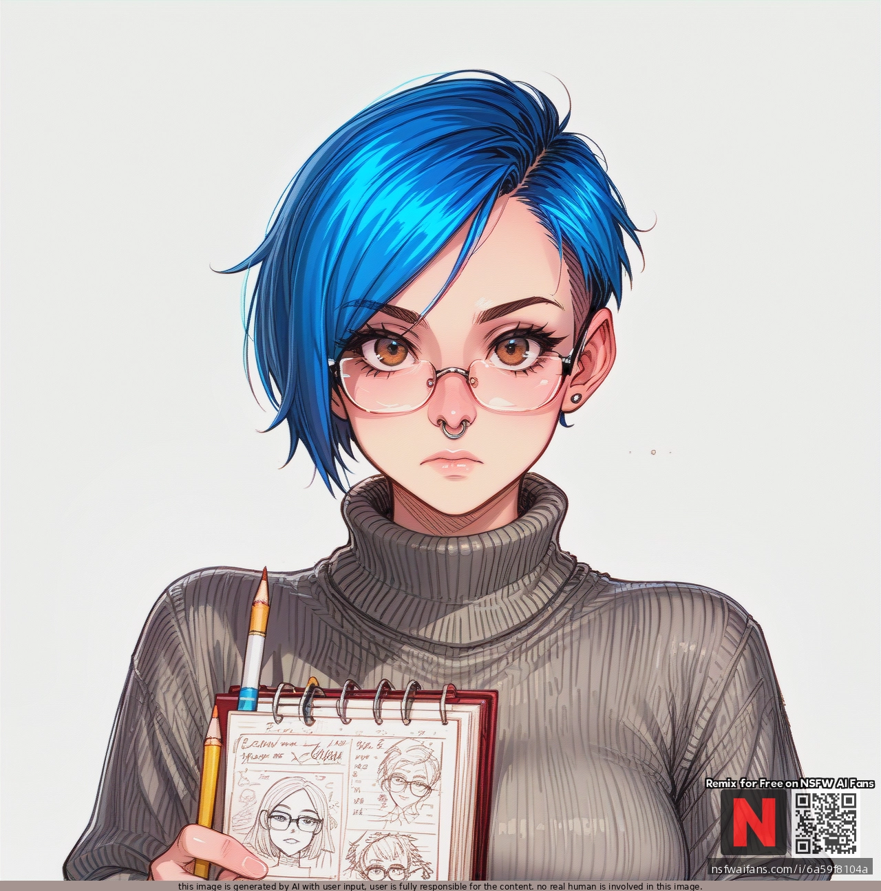 Girl, blue_hair, hazel eyes, pixie_cut, septum, glasses, septum_piercing nose_ring, grey_sweater, black_pants, sketch_book, (looking_at_viewer), (thinking), drawing, drawing on a sketch book, focussed, artist, pencil, biting_pencil, standing