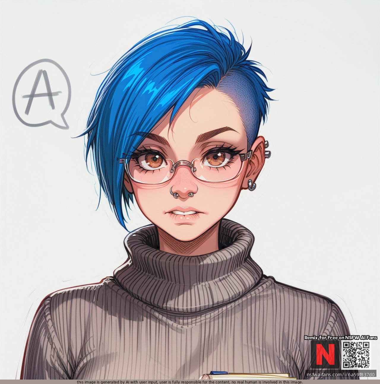 Girl, blue_hair, hazel eyes, pixie_cut, septum, glasses, septum_piercing nose_ring, grey_sweater, black_pants, sketch_book, (looking_at_viewer), (thinking), drawing, drawing on a sketch book, focussed, artist, pencil, biting_pencil, standing