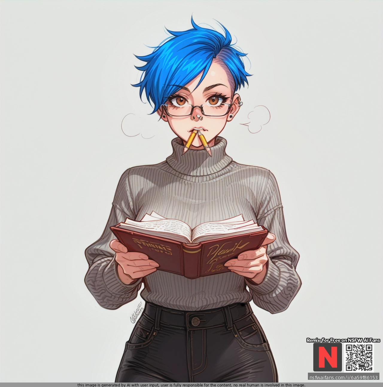 Girl, blue_hair, hazel eyes, pixie_cut, septum, glasses, septum_piercing nose_ring, grey_sweater, black_pants, sketch_book, (looking_at_viewer), (thinking), focussed, artist, pencil, biting_pencil, standing