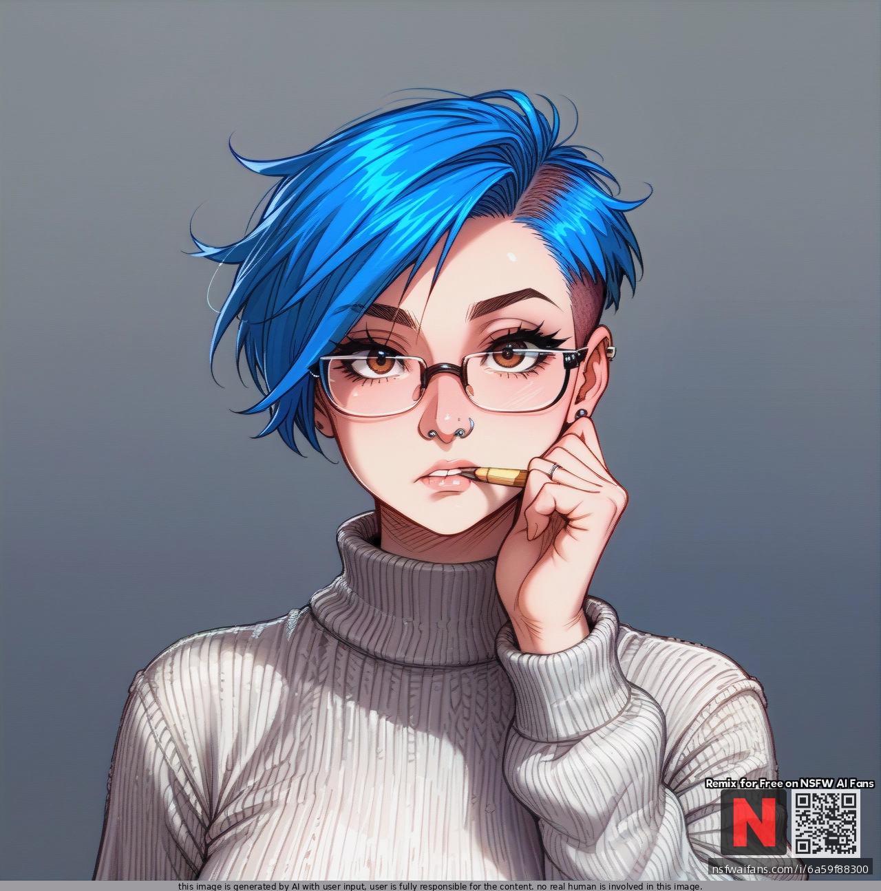Girl, blue_hair, hazel eyes, pixie_cut, septum, glasses, septum_piercing nose_ring, grey_sweater, black_pants, (looking_at_viewer), (thinking), focussed, artist, pencil, biting_pencil, standing
