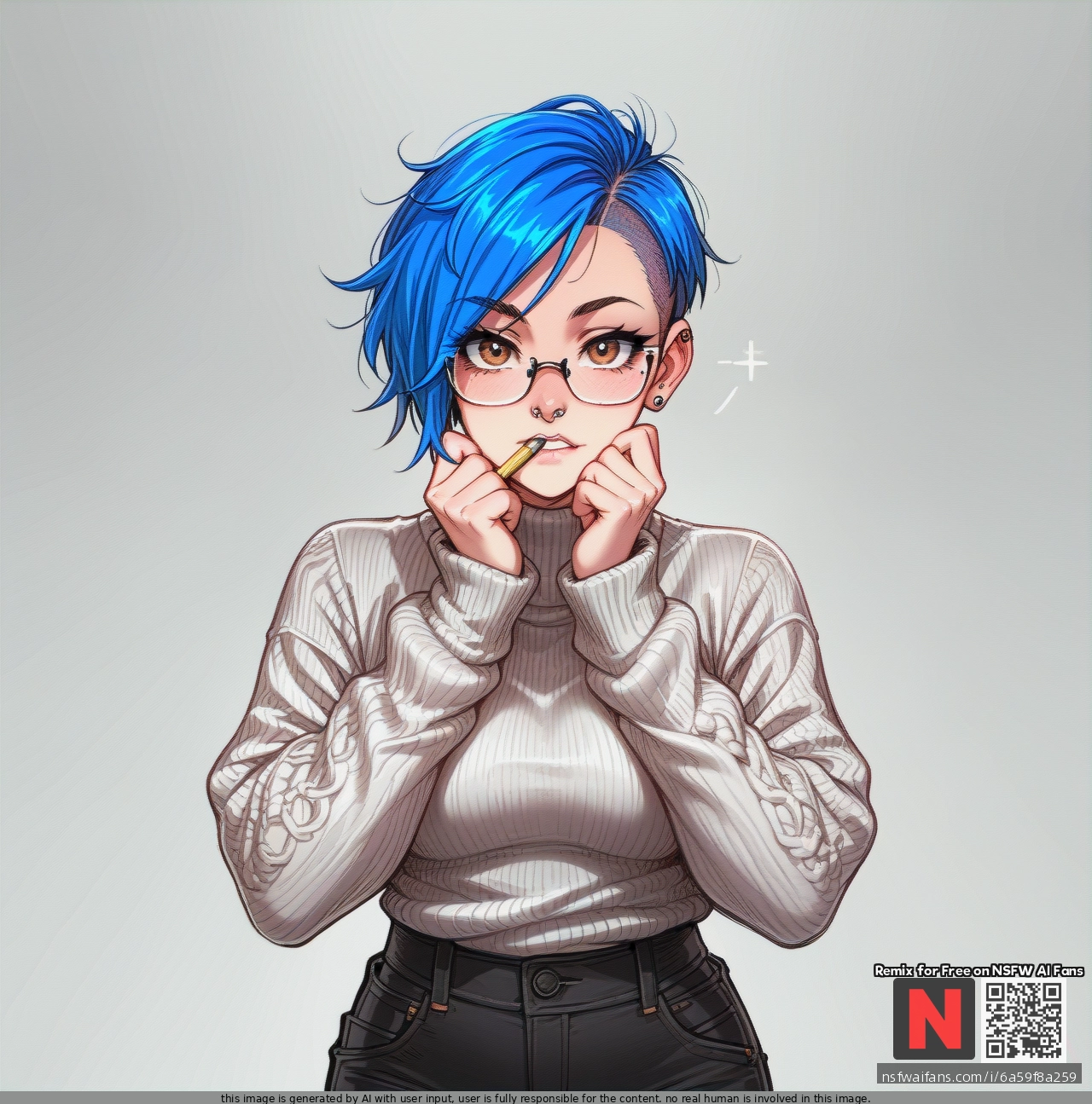 Girl, blue_hair, hazel eyes, pixie_cut, septum, glasses, septum_piercing nose_ring, grey_sweater, black_pants, (looking_at_viewer), (thinking), focussed, artist, pencil, biting_pencil, standing