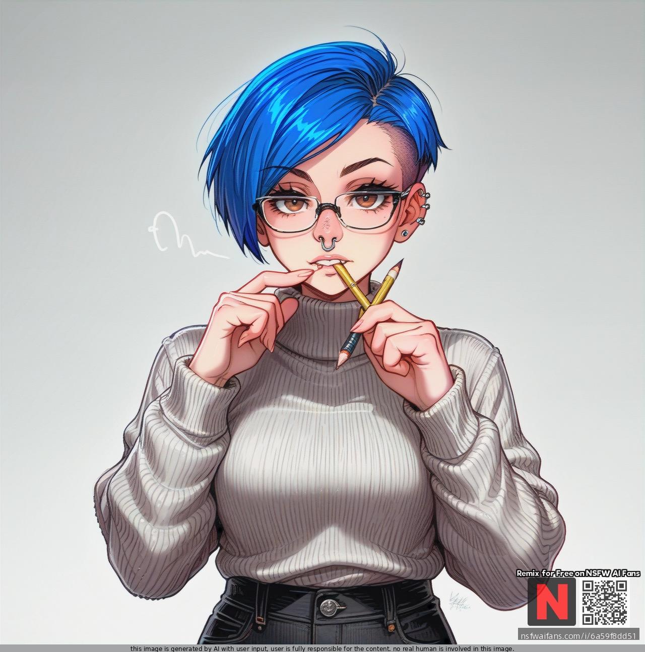 Girl, blue_hair, hazel eyes, pixie_cut, septum, glasses, septum_piercing nose_ring, grey_sweater, black_pants, (looking_at_viewer), (thinking), focussed, artist, pencil, biting_pencil, standing