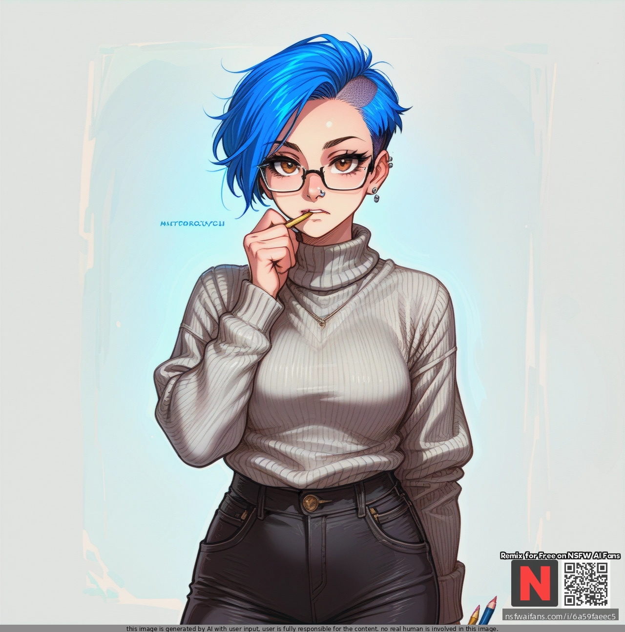 Girl, blue_hair, hazel eyes, pixie_cut, septum, glasses, septum_piercing nose_ring, grey_sweater, black_pants, (looking_at_viewer), (thinking), focussed, artist, pencil, biting_pencil, standing, pencil in mouth