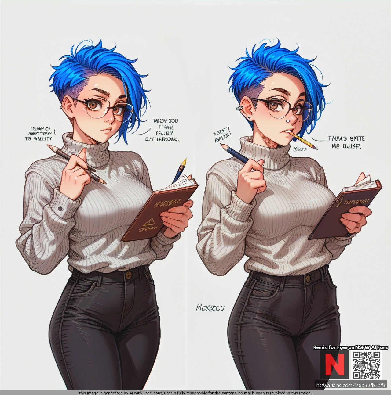 Girl, blue_hair, hazel eyes, pixie_cut, septum, glasses, septum_piercing nose_ring, grey_sweater, black_pants, (looking_at_viewer), (thinking), focussed, artist, pencil, biting_pencil, standing, pencil in mouth, note_book