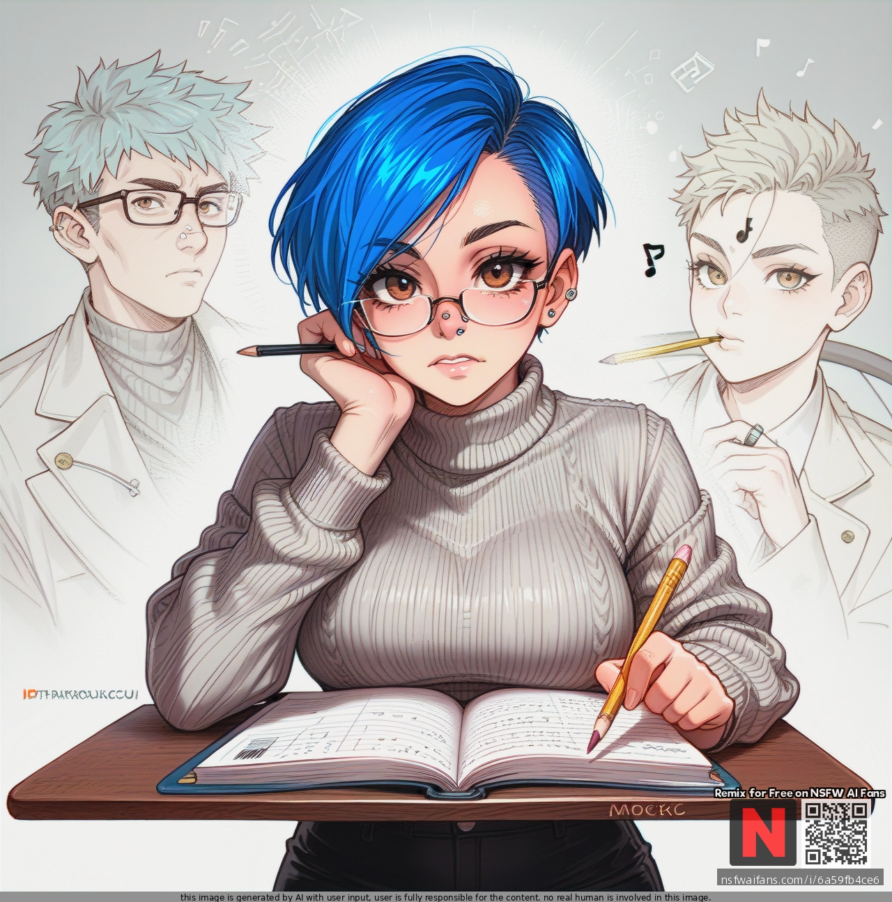 Girl, blue_hair, hazel eyes, pixie_cut, septum, glasses, septum_piercing nose_ring, grey_sweater, black_pants, (looking_at_viewer), (thinking), focussed, artist, pencil, biting_pencil, standing, pencil in mouth, note_book