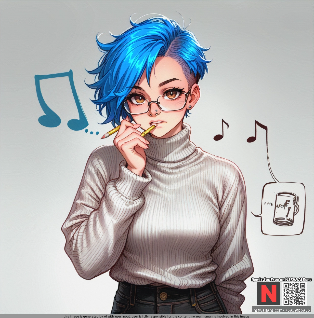 Girl, blue_hair, hazel eyes, pixie_cut, septum, glasses, septum_piercing nose_ring, grey_sweater, black_pants, (looking_at_viewer), (thinking), focussed, artist, pencil, biting_pencil, standing, pencil in mouth, note_book