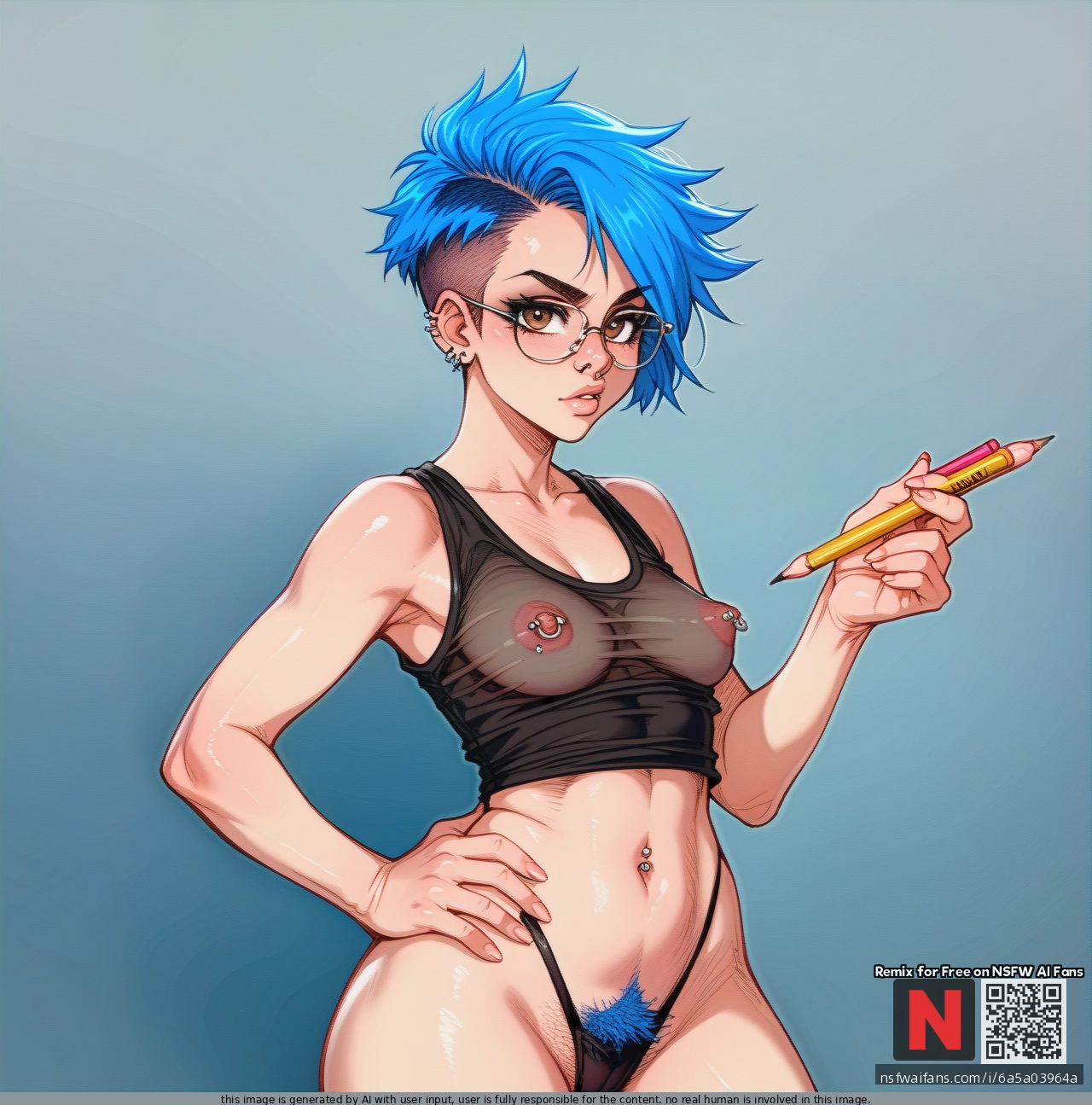 Girl, blue_hair, hazel eyes, pixie_cut, septum, glasses, septum_piercing nose_ring, black_tanktop, Nipple show-through, nipping_out, black_thong, (looking_at_viewer), nipple_piercing, standing, (hand_on_hip) holding_a_pencil, pubes_showing