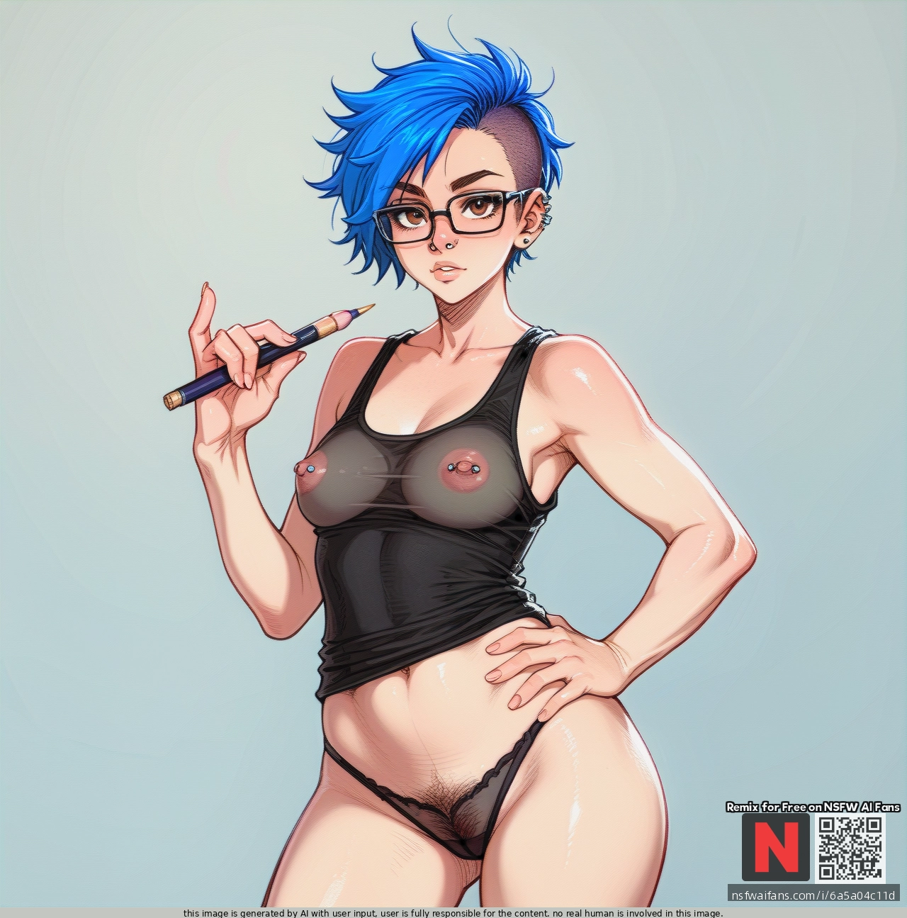 Girl, blue_hair, hazel eyes, pixie_cut, septum, glasses, septum_piercing nose_ring, black_tanktop, Nipple show-through, nipping_out, panties, (looking_at_viewer), nipple_piercing, standing, (hand_on_hip) holding_a_pencil, pubes_showing