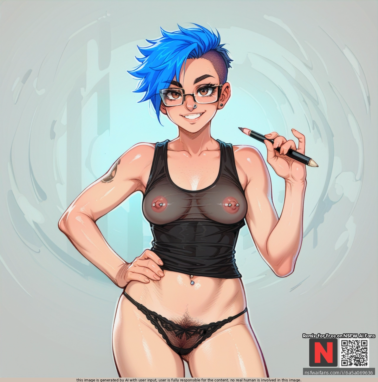 Girl, blue_hair, hazel eyes, (smile) pixie_cut, septum, glasses, septum_piercing nose_ring, black_tanktop, Nipple show-through, nipping_out, panties, (looking_at_viewer), nipple_piercing, standing, (hand_on_hip) holding_a_pencil, pubes_showing