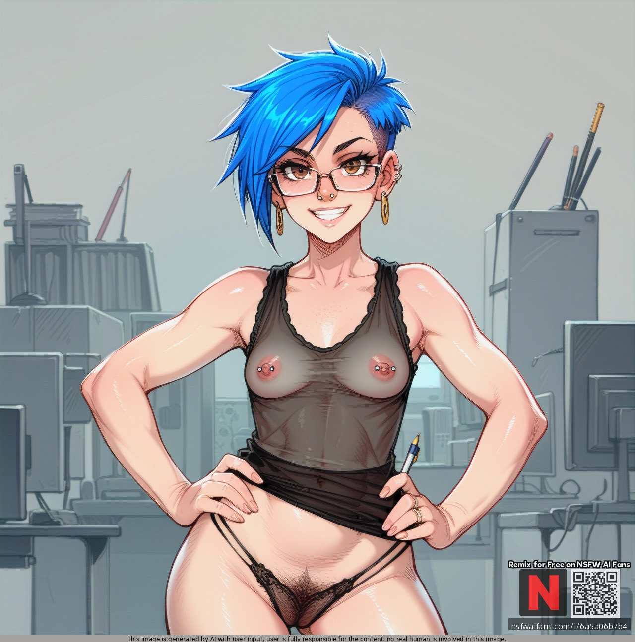 Girl, blue_hair, hazel eyes, (smile) pixie_cut, septum, glasses, septum_piercing nose_ring, black_tanktop, Nipple show-through, nipping_out, panties, (looking_at_viewer), nipple_piercing, standing, (hand_on_hip) holding_a_pencil, pubes_showing