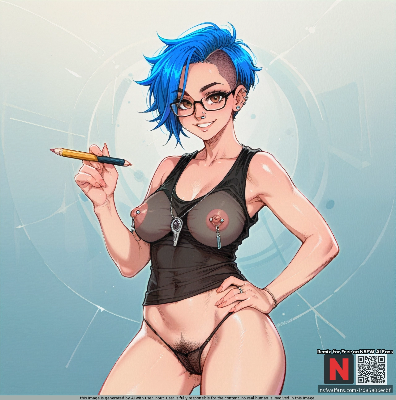 Girl, blue_hair, hazel eyes, (light_smile) pixie_cut, septum, glasses, septum_piercing nose_ring, black_tanktop, Nipple show-through, nipping_out, panties, (looking_at_viewer), nipple_piercing, standing, (hand_on_hip) holding_a_pencil, pubes_showing