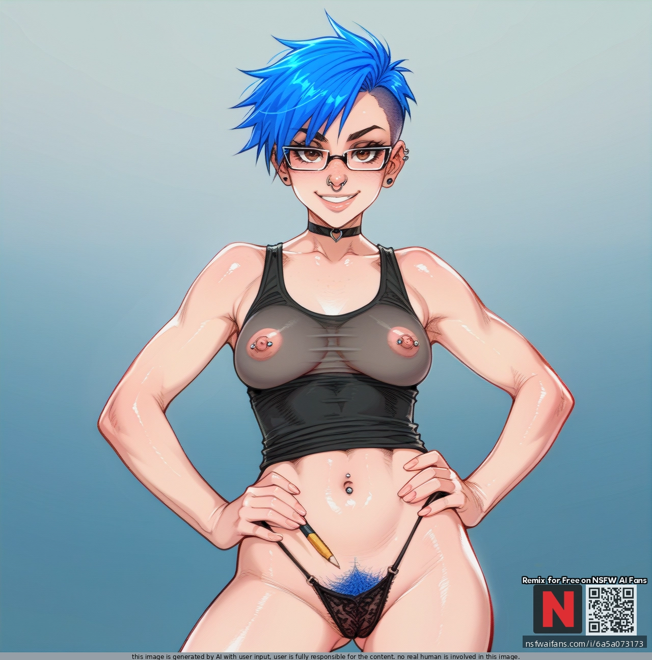 Girl, blue_hair, hazel eyes, (light_smile) pixie_cut, septum, glasses, septum_piercing nose_ring, black_tanktop, Nipple show-through, nipping_out, panties, (looking_at_viewer), nipple_piercing, standing, (hand_on_hip) holding_a_pencil, pubes_showing